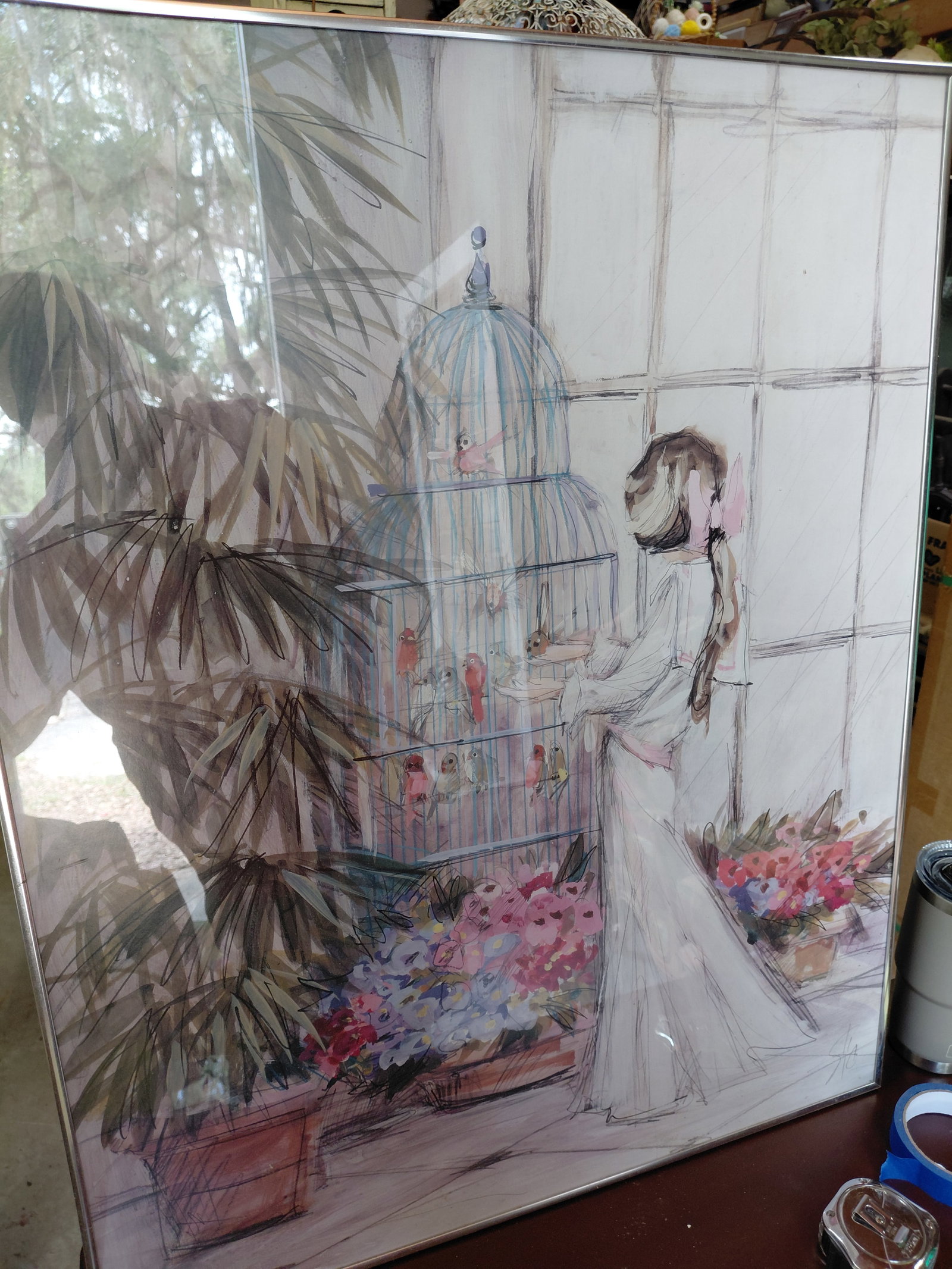 Framed Wall Art / Lady with Bird cage - 5
