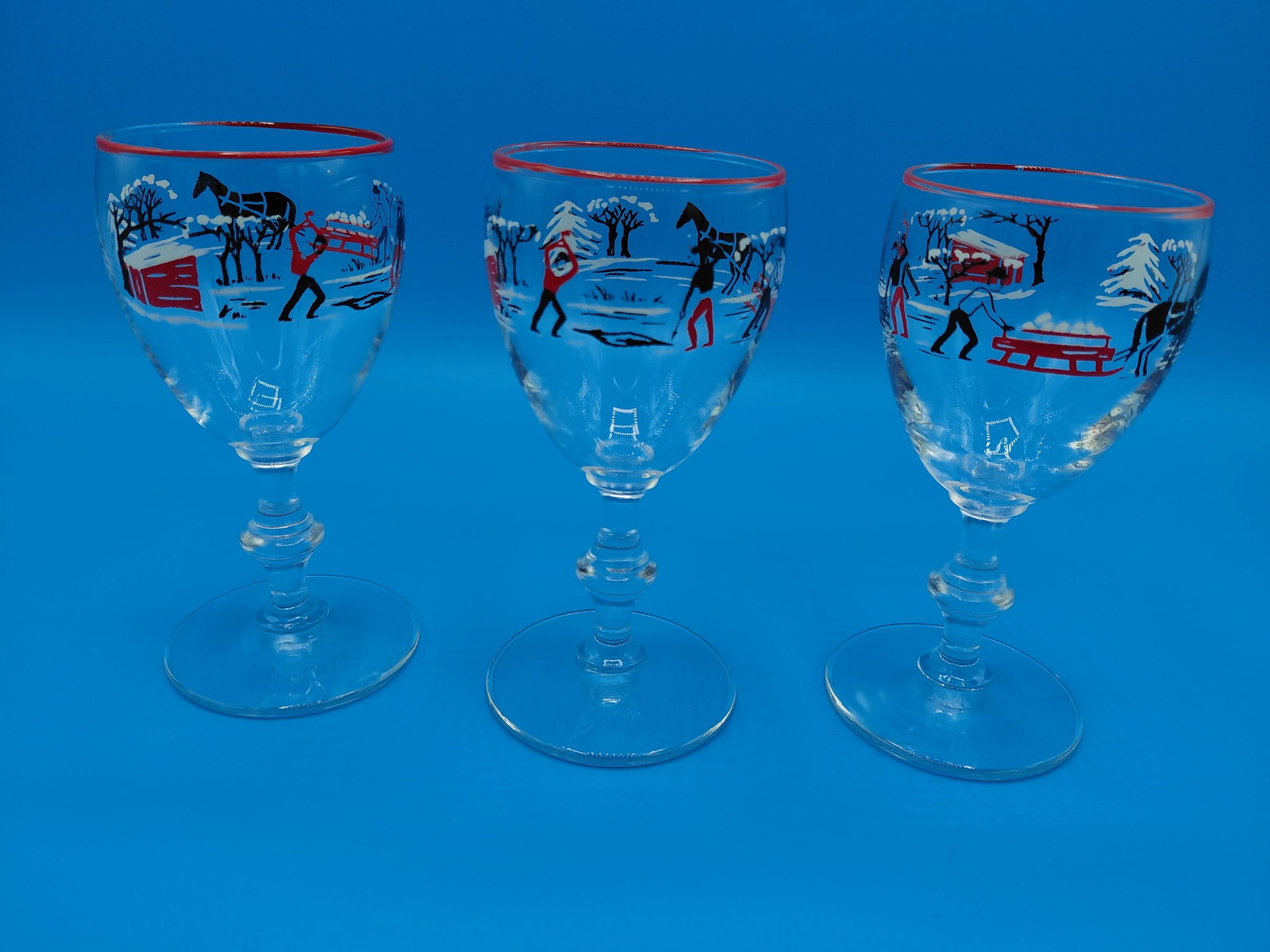 Mid Century Set of 3 Libby Cordials / Pickwick Dickens Pattern: Mid Century Set of 3 Libby Cordials / Pickwick Dickens Pattern
