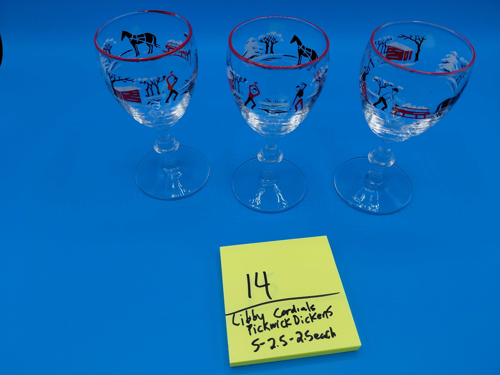 Mid Century Set of 3 Libby Cordials / Pickwick Dickens Pattern - 2
