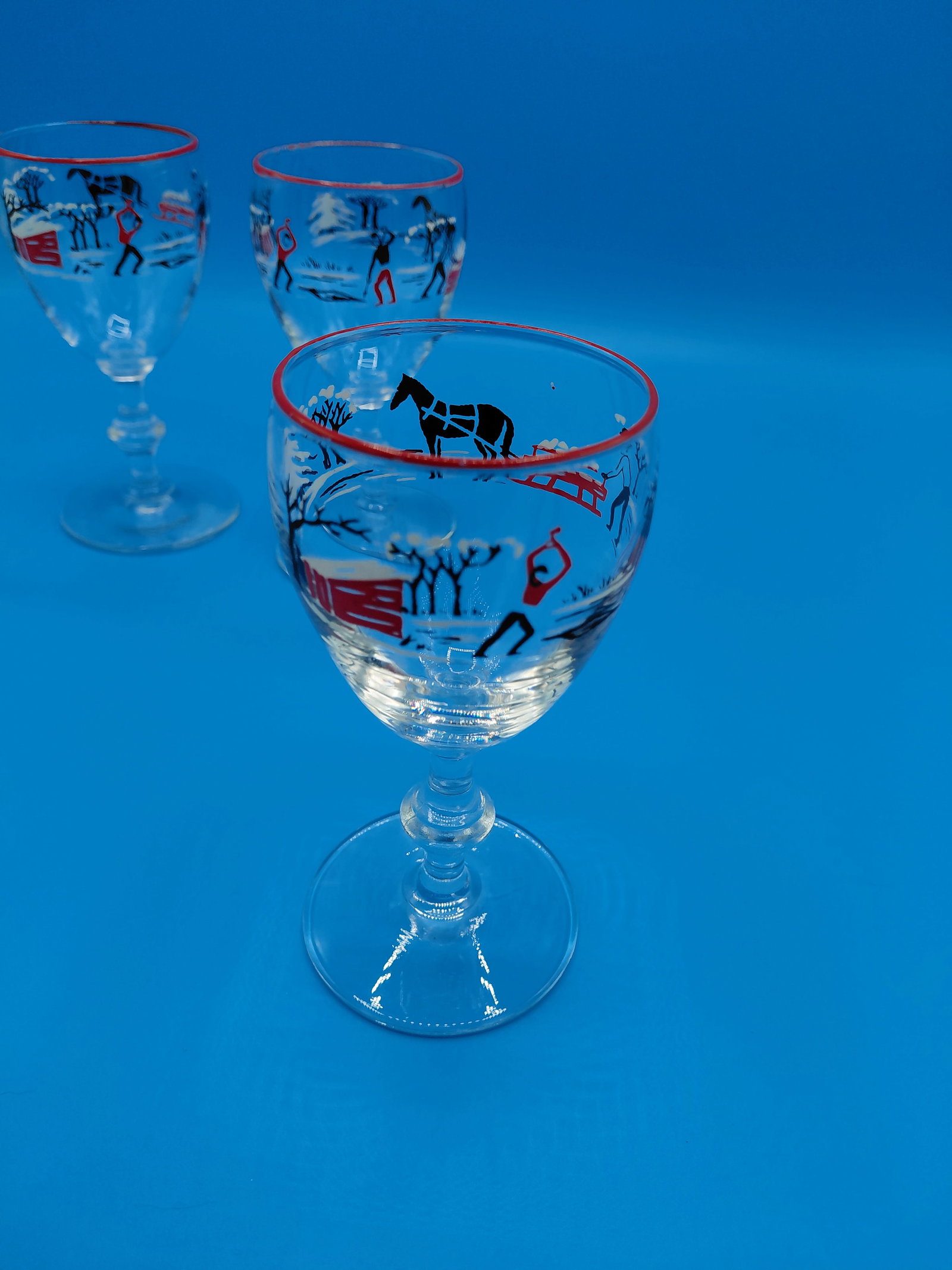 Mid Century Set of 3 Libby Cordials / Pickwick Dickens Pattern - 5