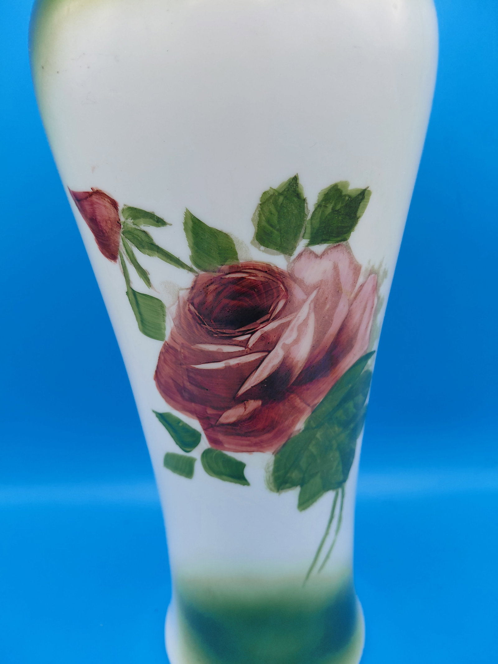 Tall Victorian Milk Glass Vase with Rose Pattern - 3
