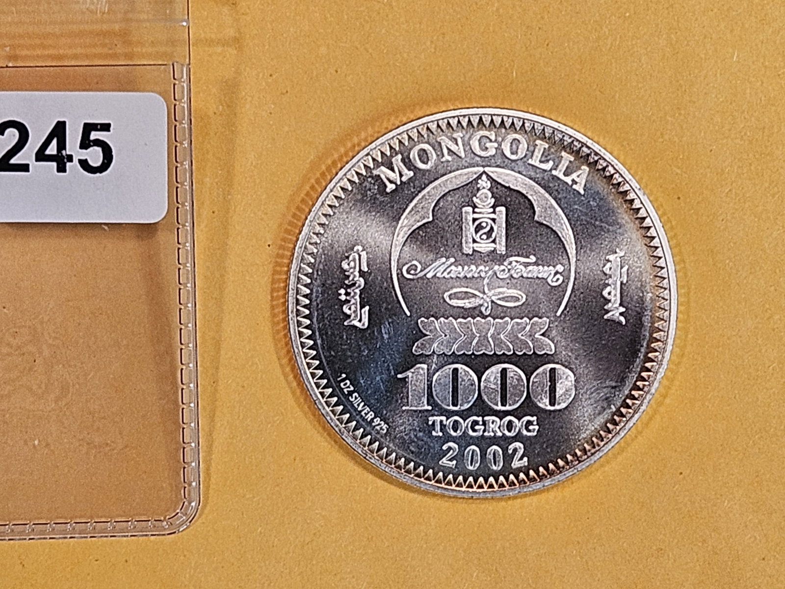 2002 GEM Brilliant Uncirculated Mongolia 1000 togrog: Light toning around the periphery