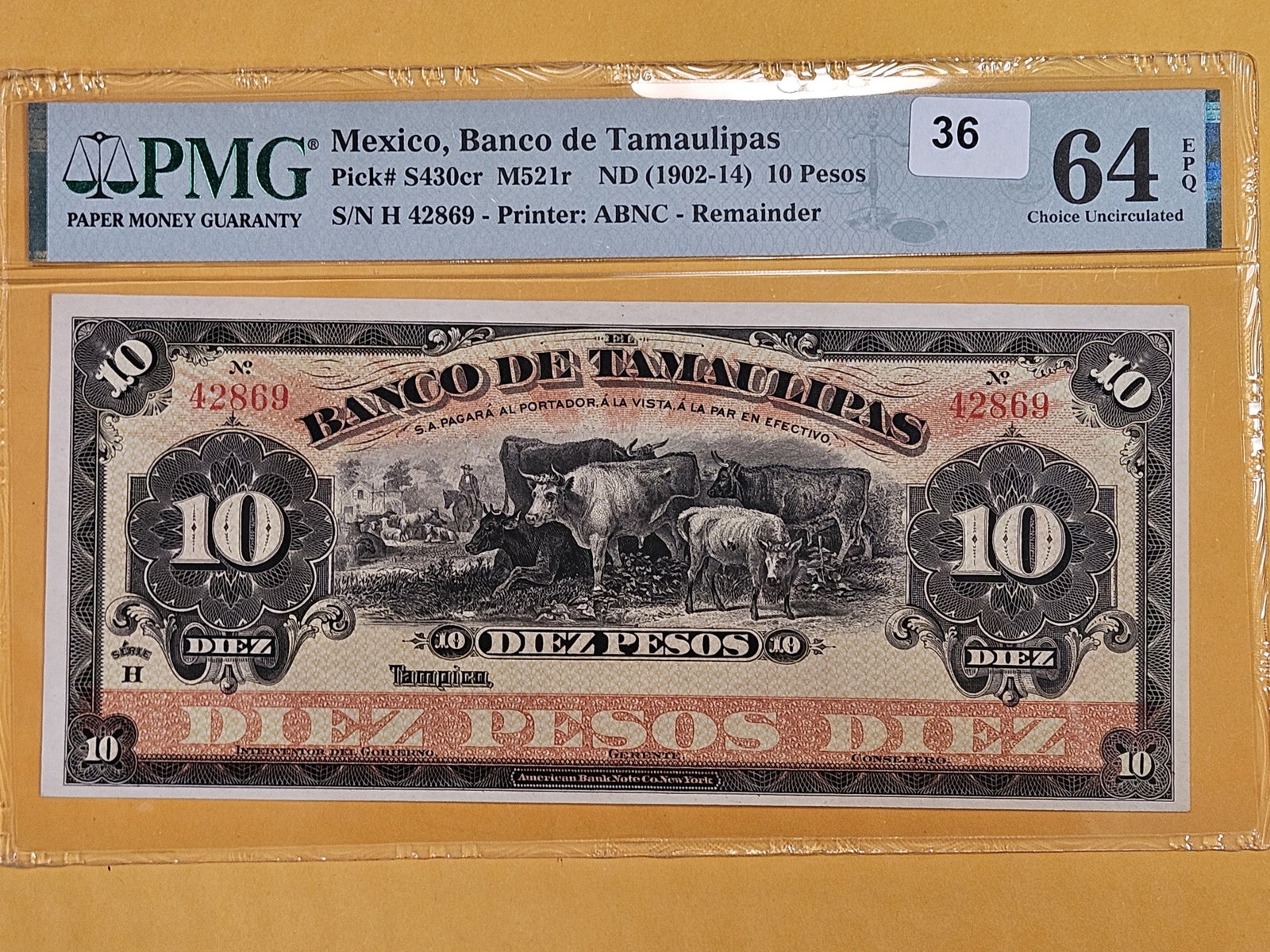 * PMG Mexico 1902 - 1914 ten pesos in Choice Unc 64 EPQ: Exceptional Paper Quality. Banco de Tamaulipas. Pick # S430cr
