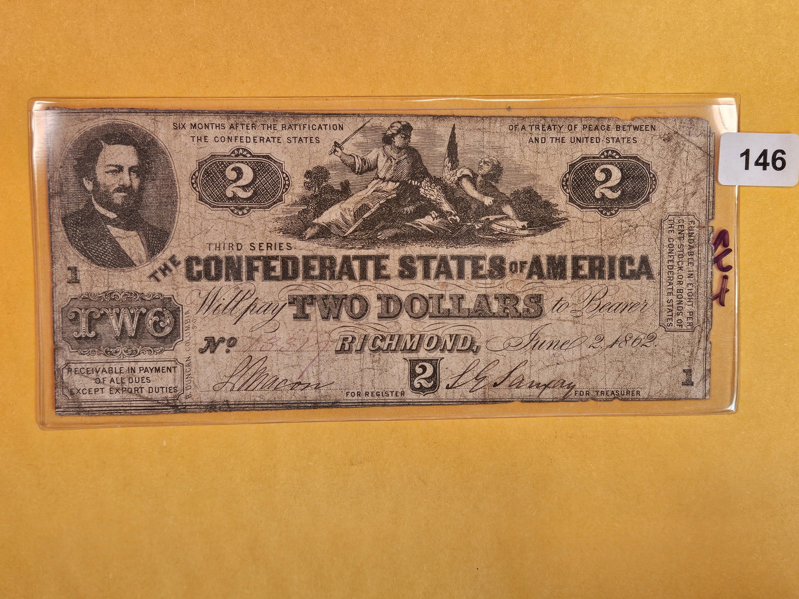 1862 Confederate States of America Two Dollars: T 42