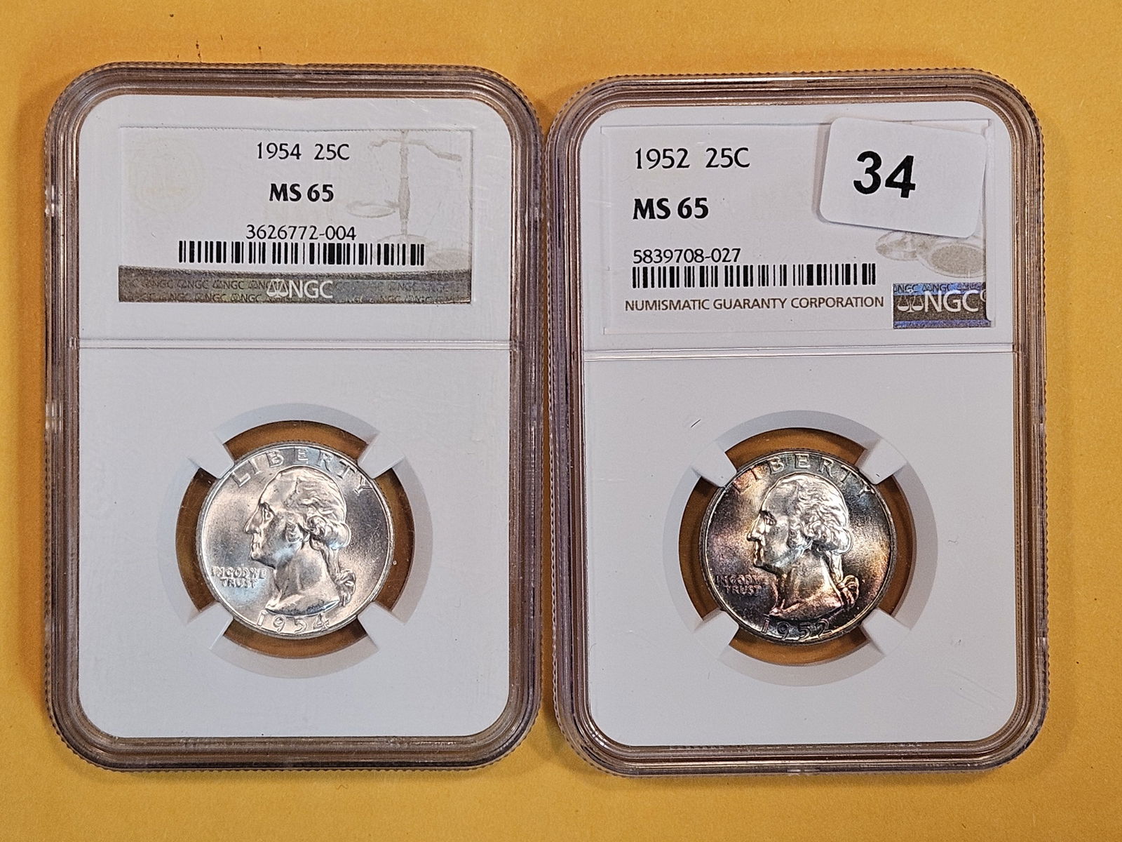 Two GEM NGC graded silver Washington Quarters in Mint State 65 (1 of 5)
