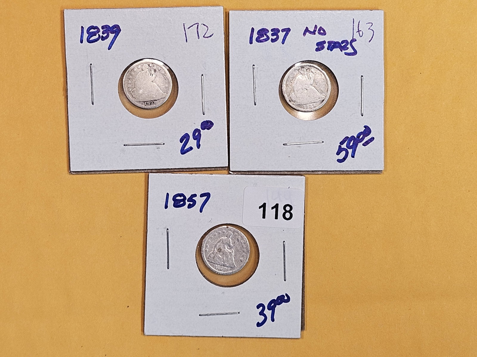Three Seated Liberty Half-Dimes: 1839, 1837 and 1857
