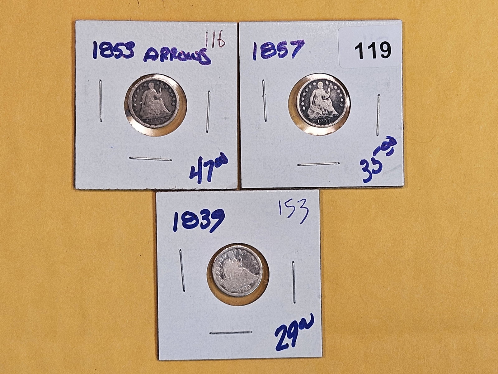 Three Seated Liberty Half-Dimes: 1853, 1857, and 1839