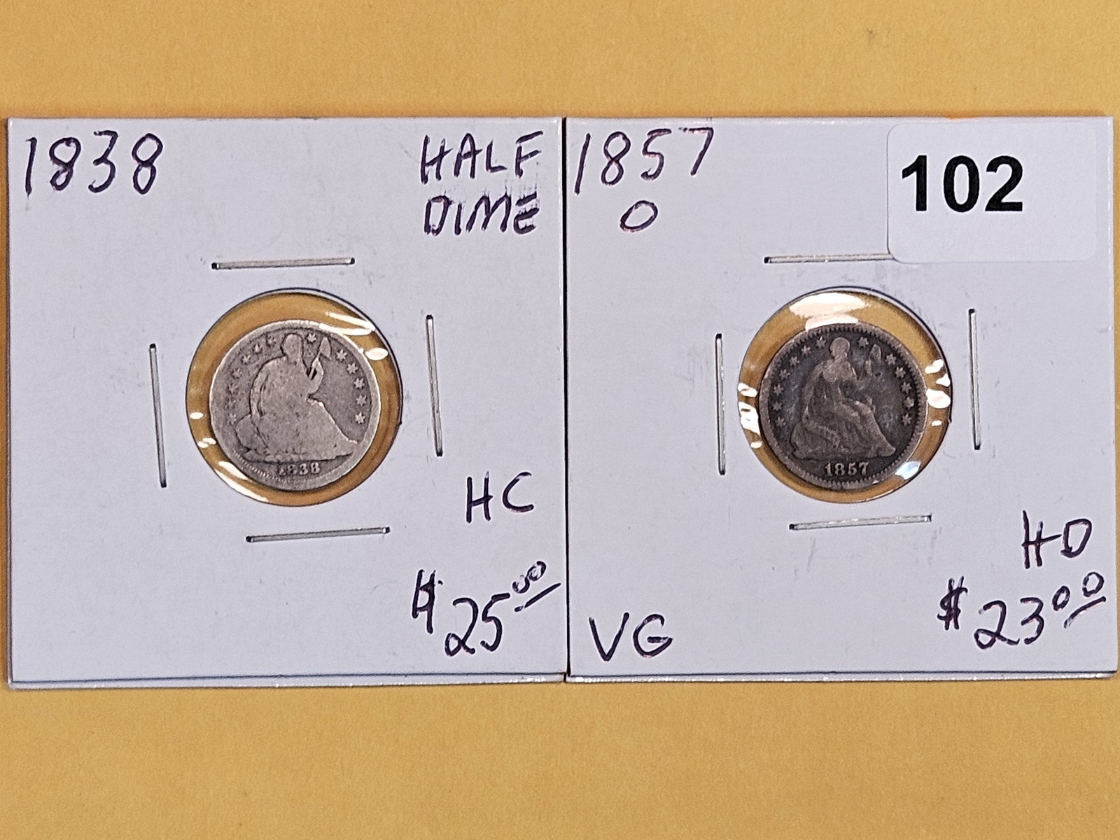 1838 and 1857-O Seated Liberty half Dimes (1 of 2)
