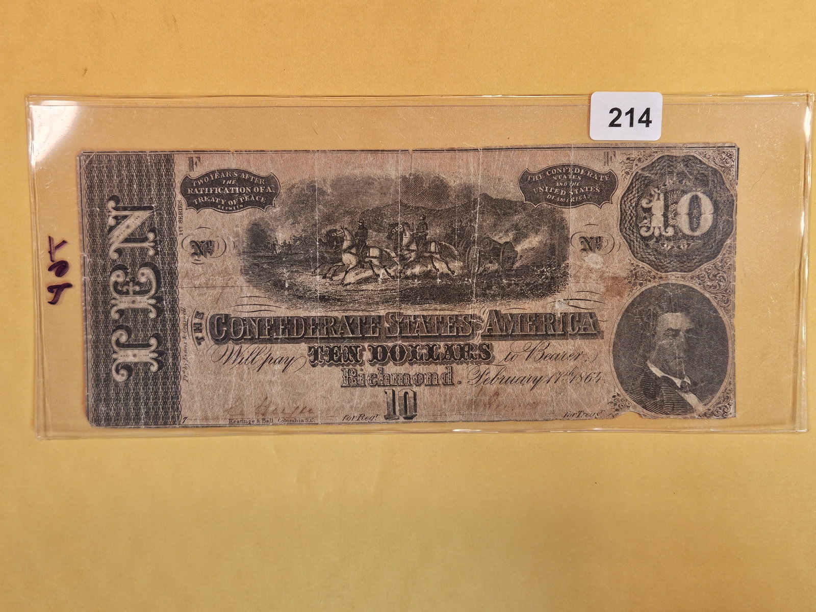 1864 Confederate Ten Dollars: T-68