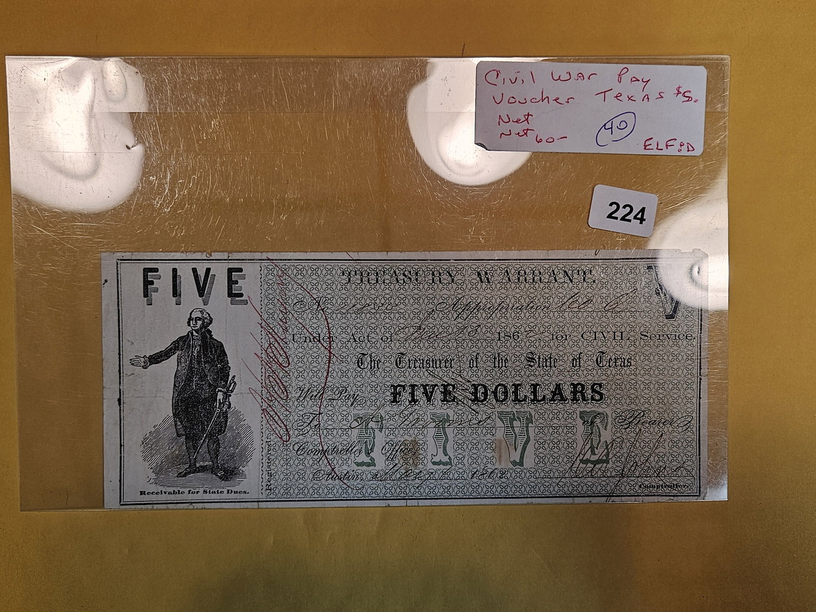 1862 Five Dollar TEXAS Treasury Warrant (1 of 5)