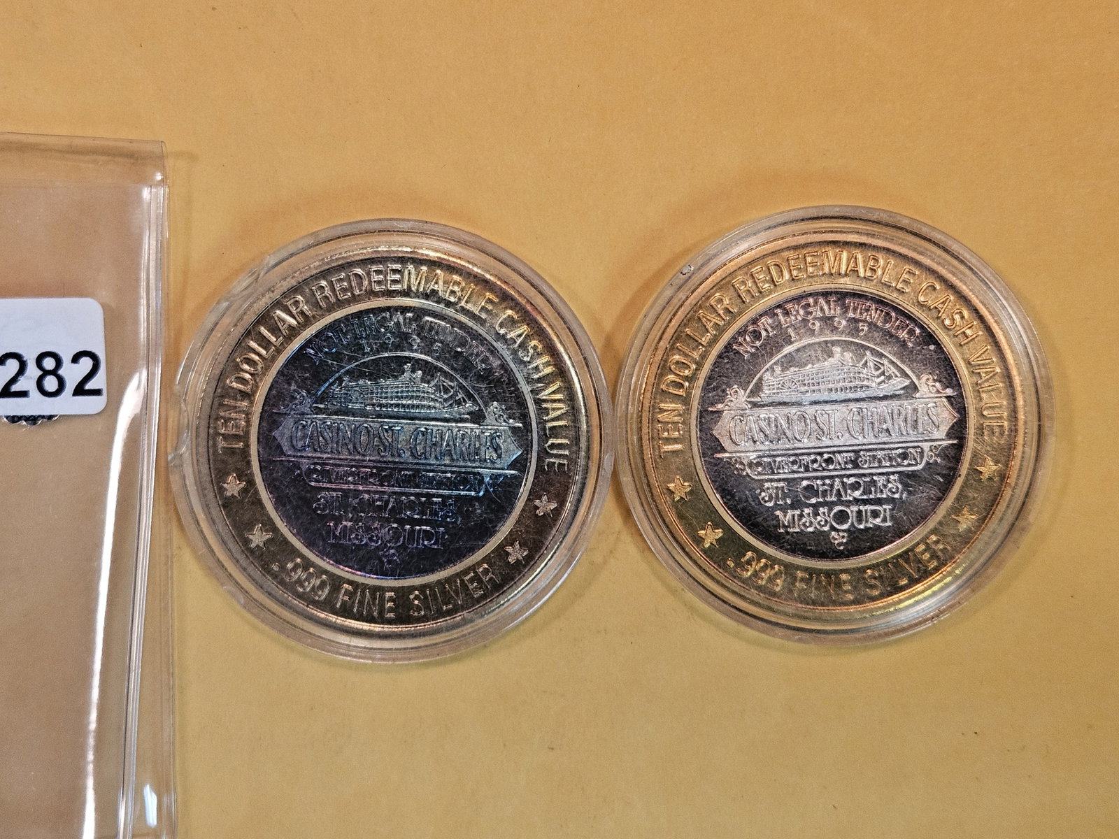 Two $10 Dollar .999 fine Silver Center Casino Gaming Token: St Charles. Each of these gaming tokens has about $20 worth of silver in it.
