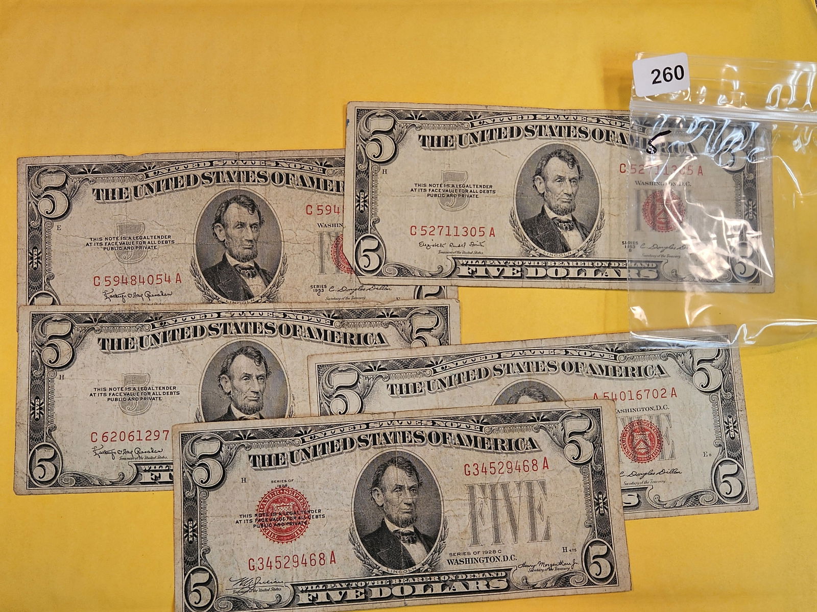Five $5 Red Seal US Notes (1 of 1)