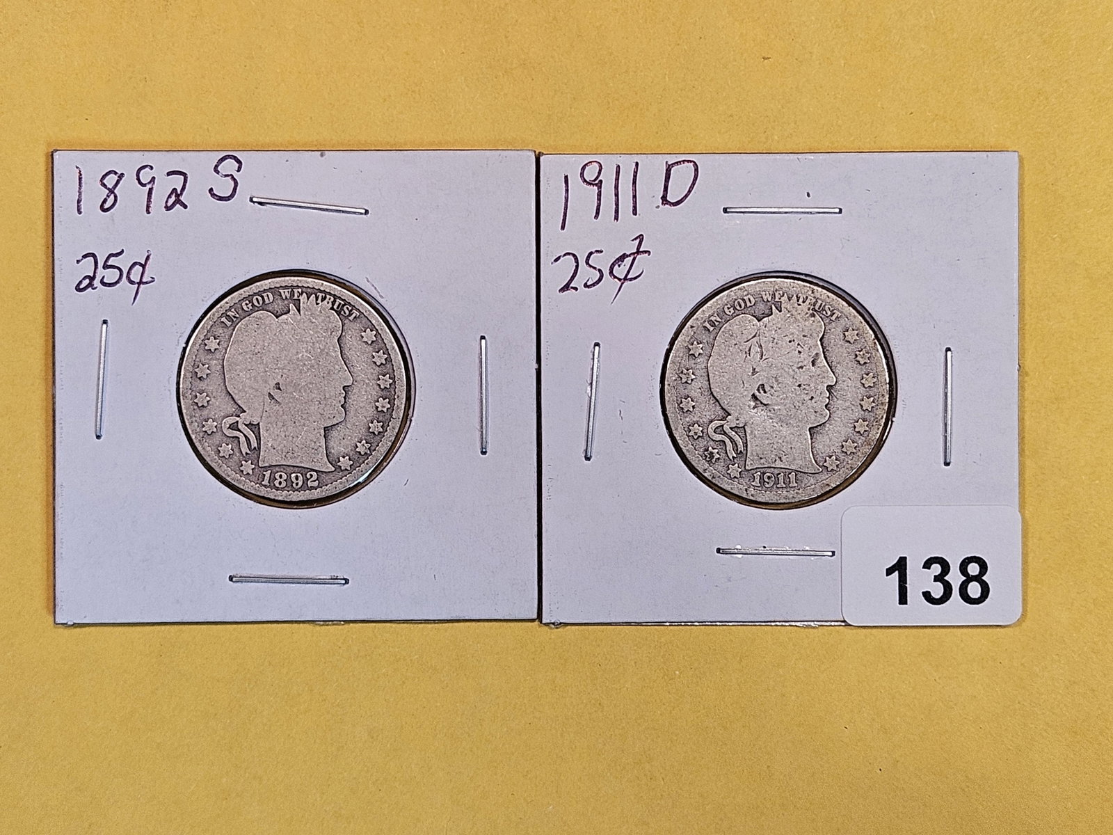 Two Semi-Key 1892-S and 1911-D Barber Quarters: Both AG-G