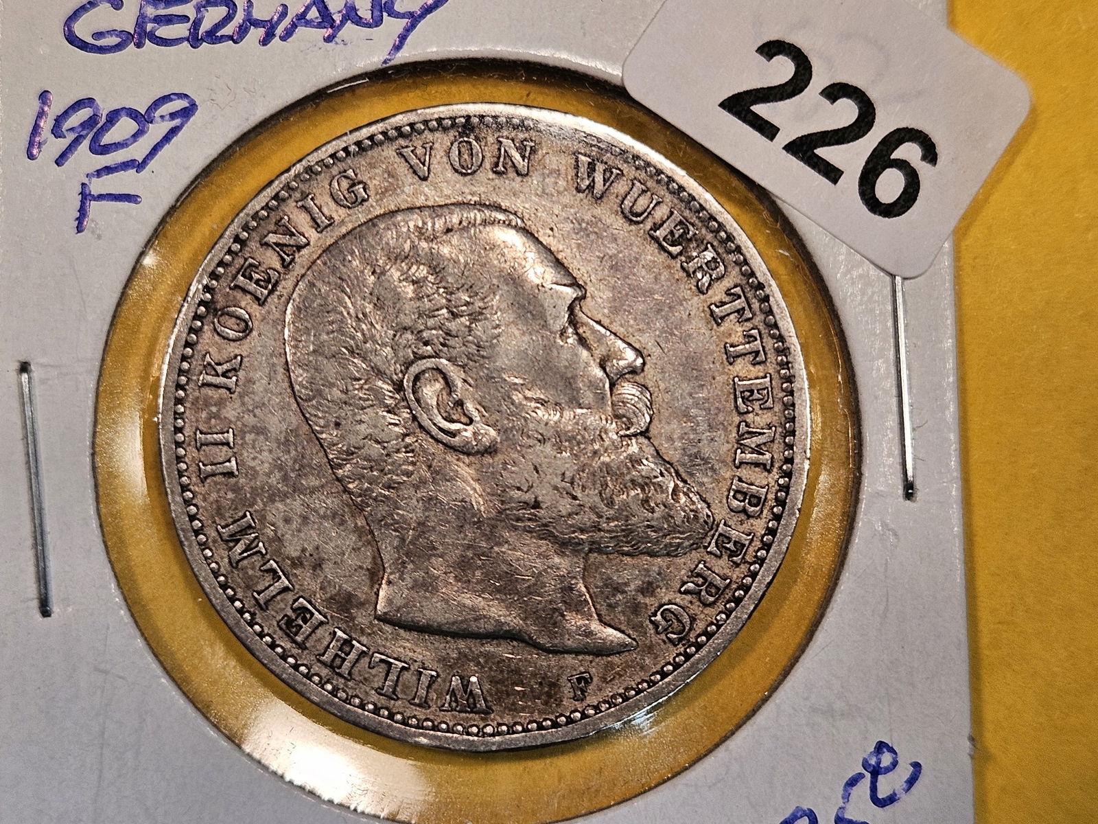 1909-F German States Wuerttemberg silver 3 marks (1 of 3)