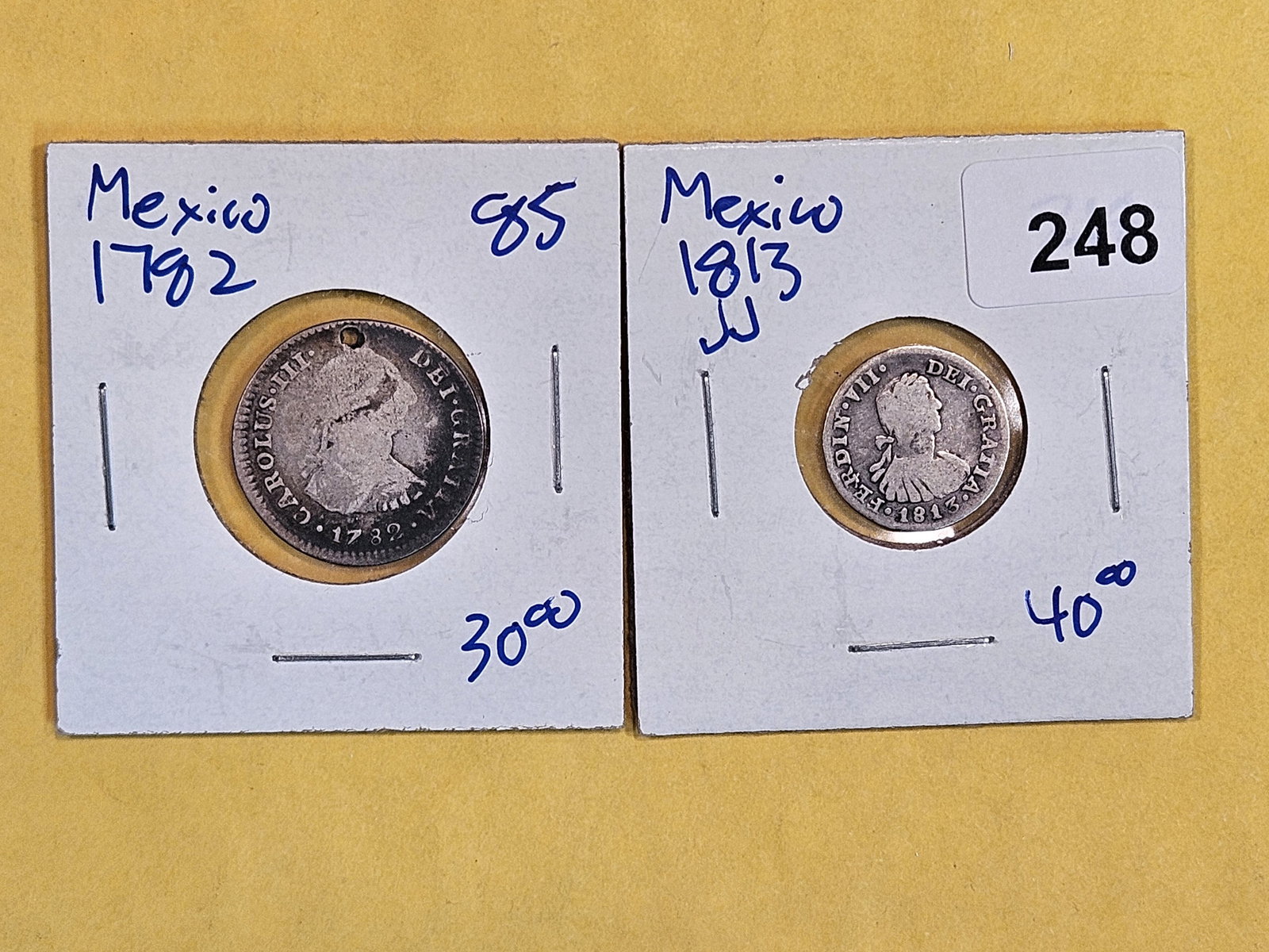 Two silver Mexican coins from 1782 and 1813 (1 of 5)