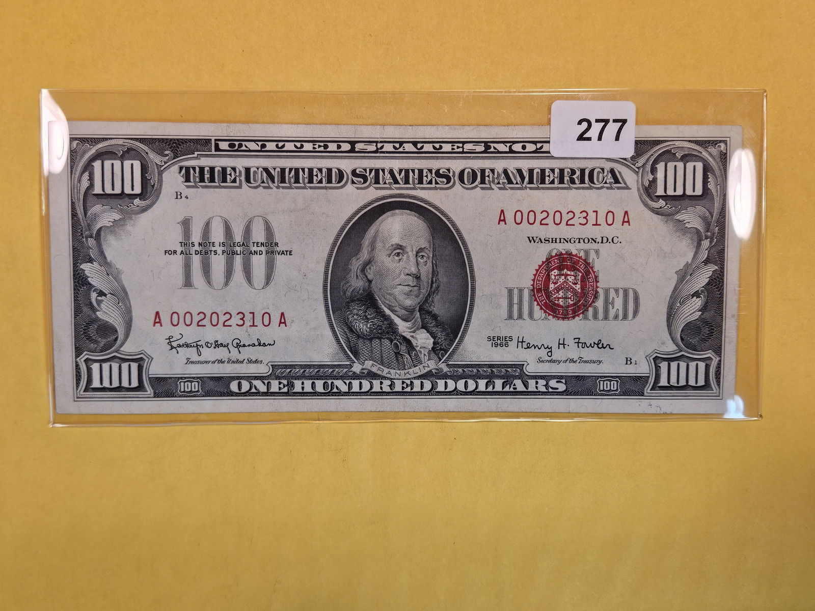 Crisp About Uncirculated 1966 One Hundred Dollar US note (1 of 2)
