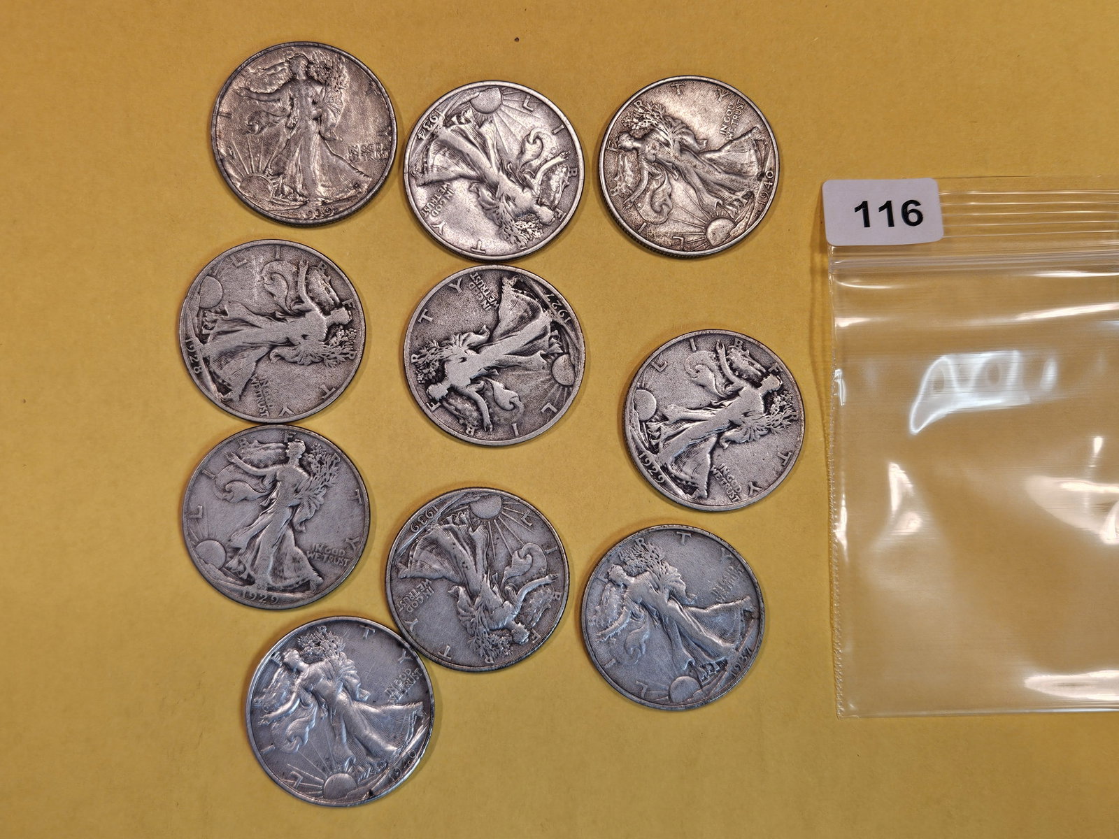 Ten Walking Liberty Half Dollars: Mixed dates and grades