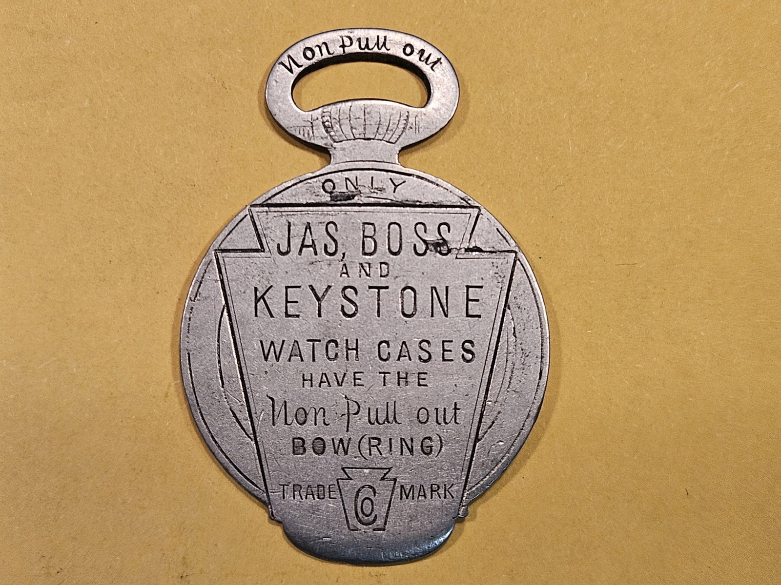 Scarce 1890's silver Watch Case Fob: Jas Boss & Keystone. Warren Illinois