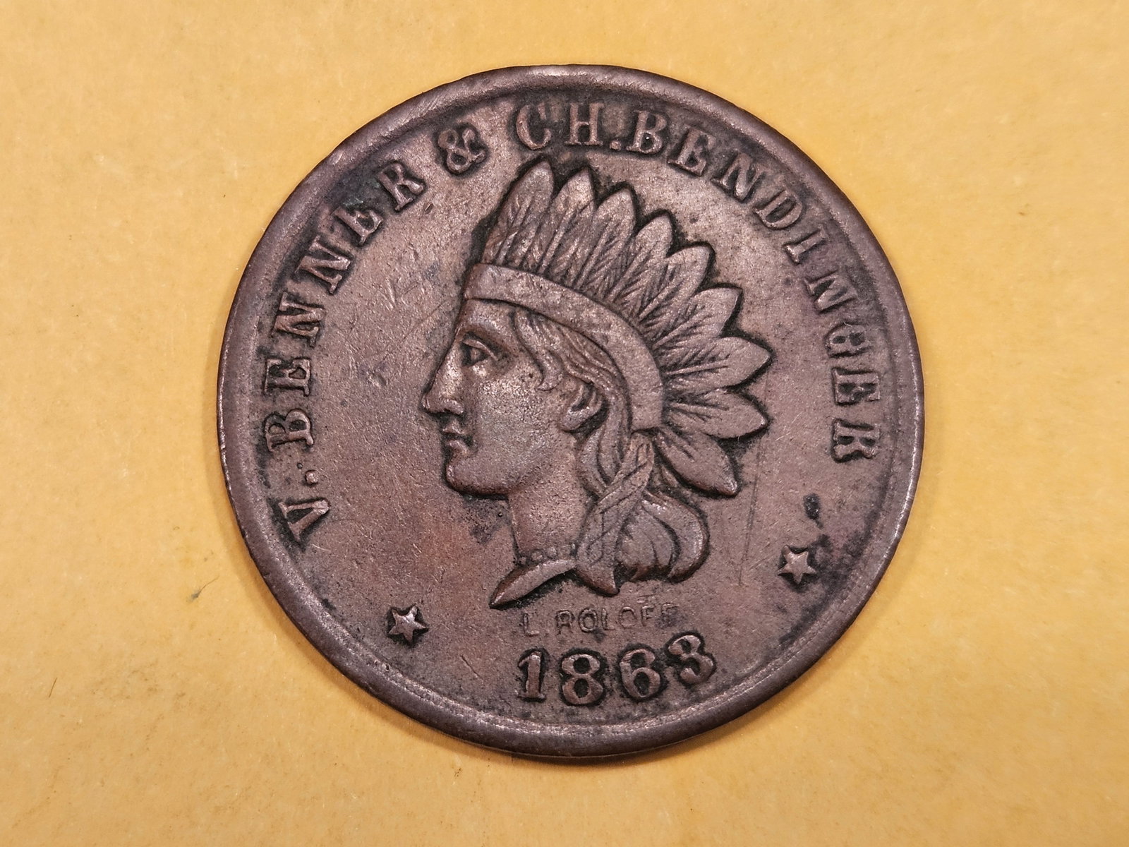 Larger 1863 Civil War Token Merchant's Store Card: Benner & Bendinger. NY6307-2a
