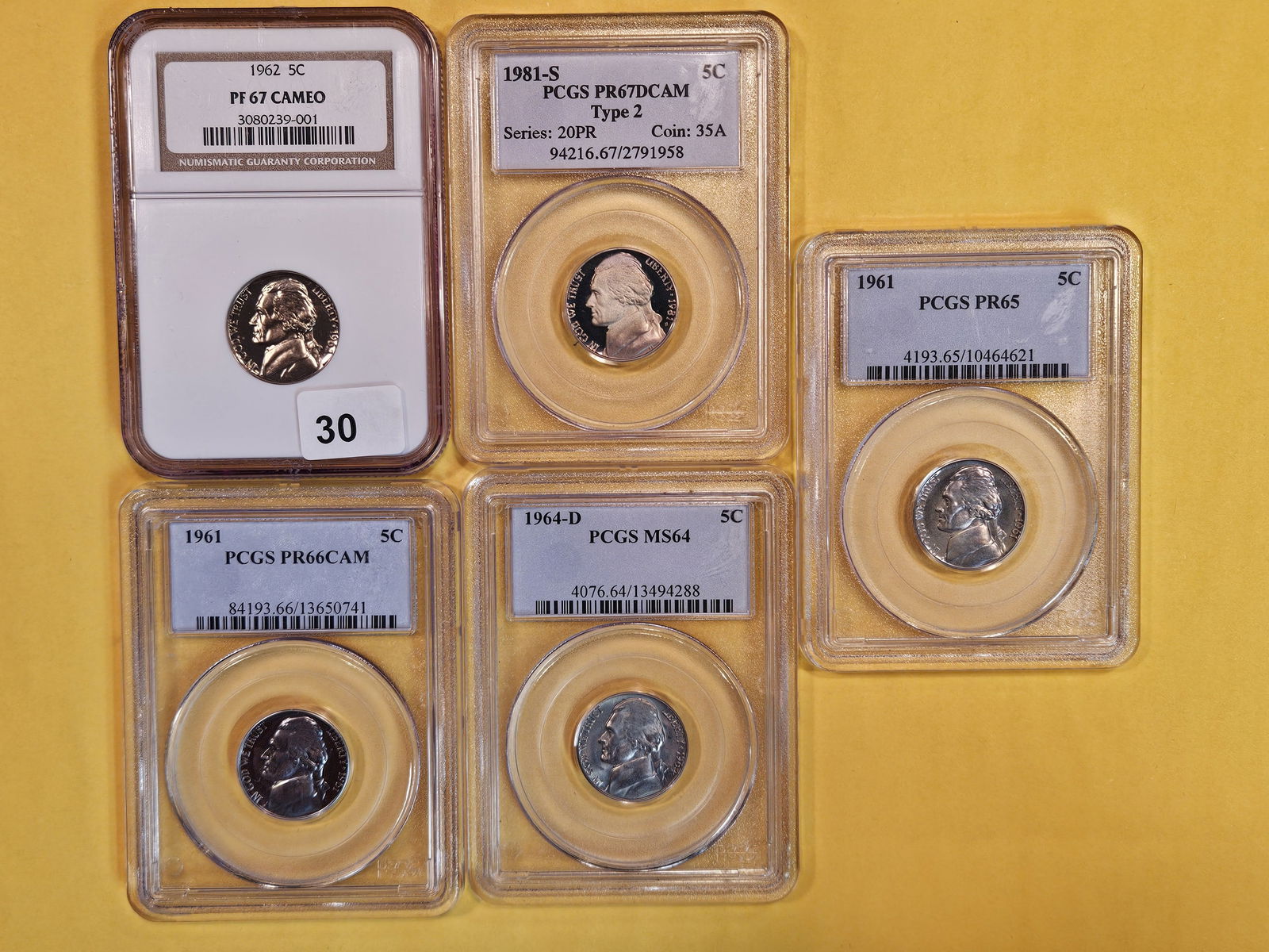 Five GEM and Proof NGC and PCGS-graded Jefferson Nickels (1 of 2)
