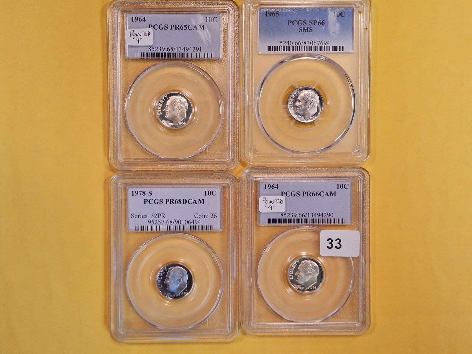 Four PCGS-graded GEM to Superb GEM Proof and Specimen Roosevelt Dimes (1 of 6)