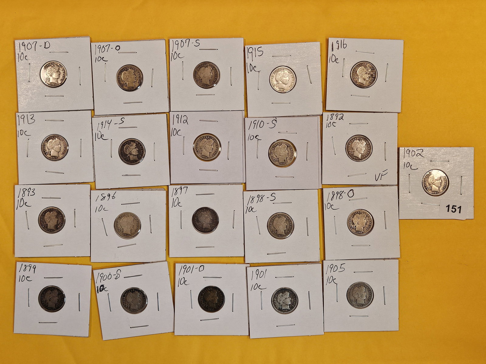 Twenty-One different, carded, silver Barber Dimes (1 of 6)