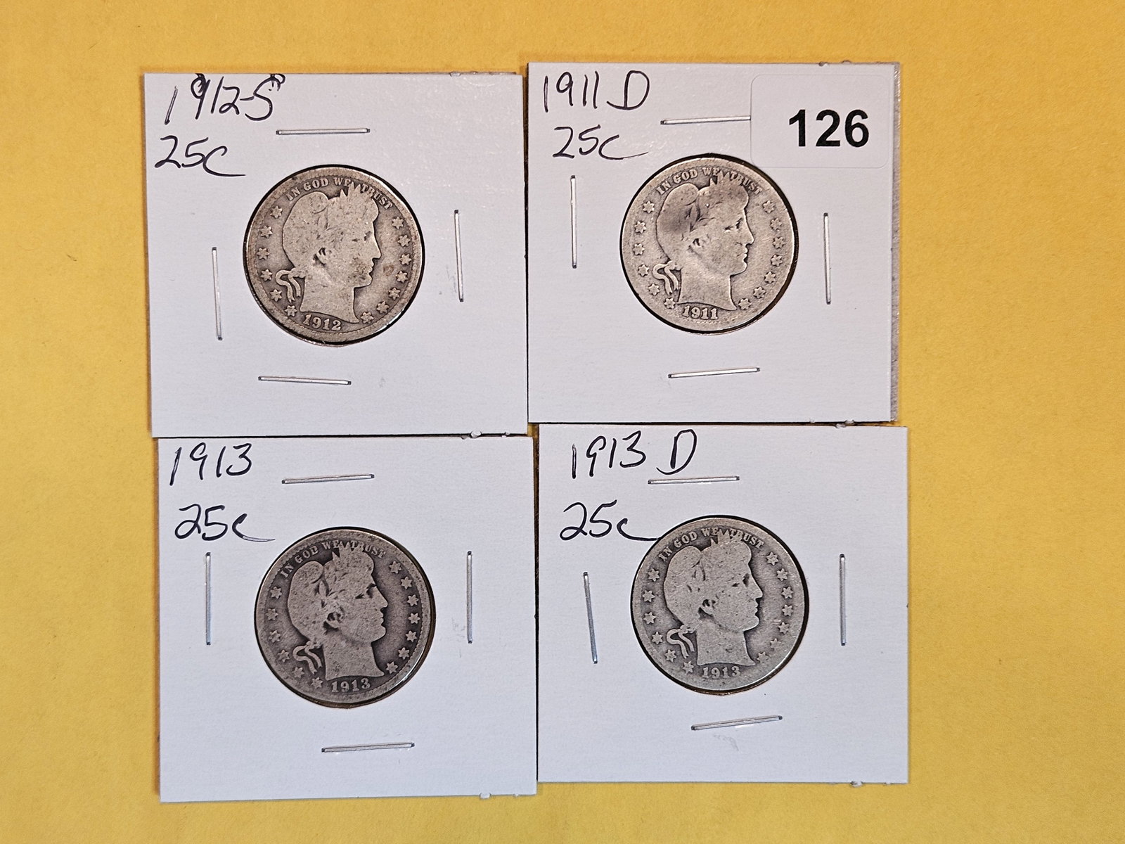 Four Semi-Key Barber Quarters: 1912-S, 1911-D, 1913 and 1913-D