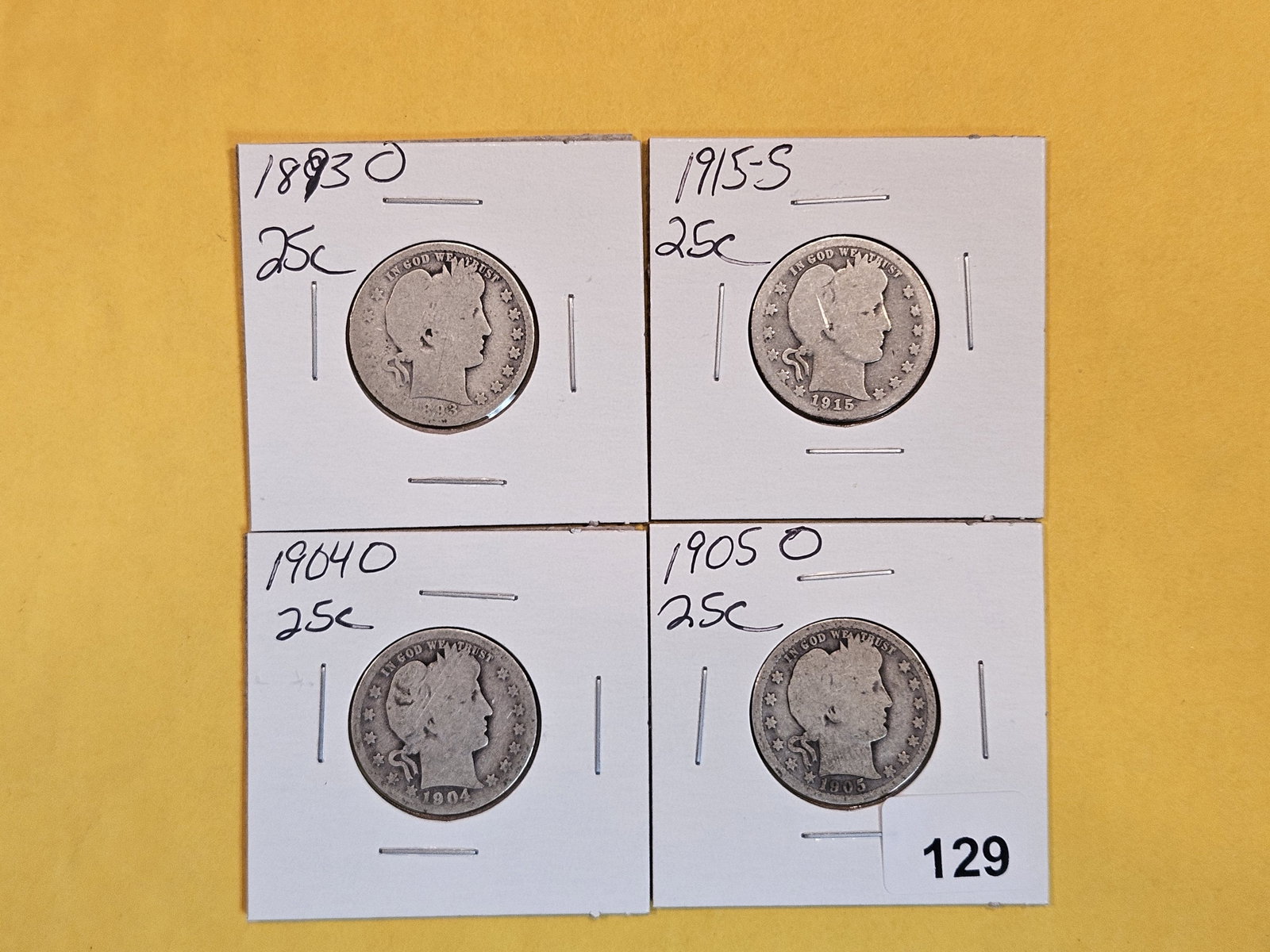 Four Semi-Key Barber Quarters: 1893-O, 1915-S, 1904-O and 1905-O