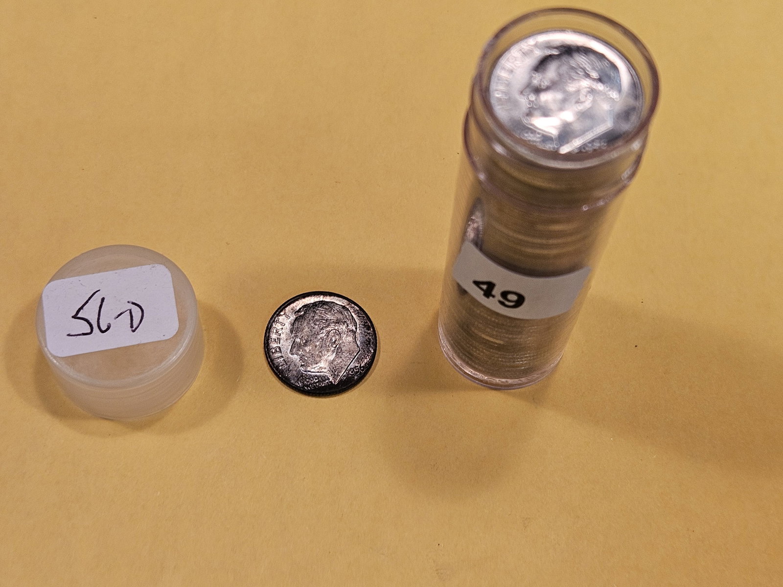 GEM Brilliant Uncirculated Original Roll of 1956-D silver Rooselvelt Dimes: From that old Collection I purchased. The dealer sold all these OBW rolls to a collector. The collector put a lot in tube. The collector has passed and the rolls got sold back to the dealer, from whom