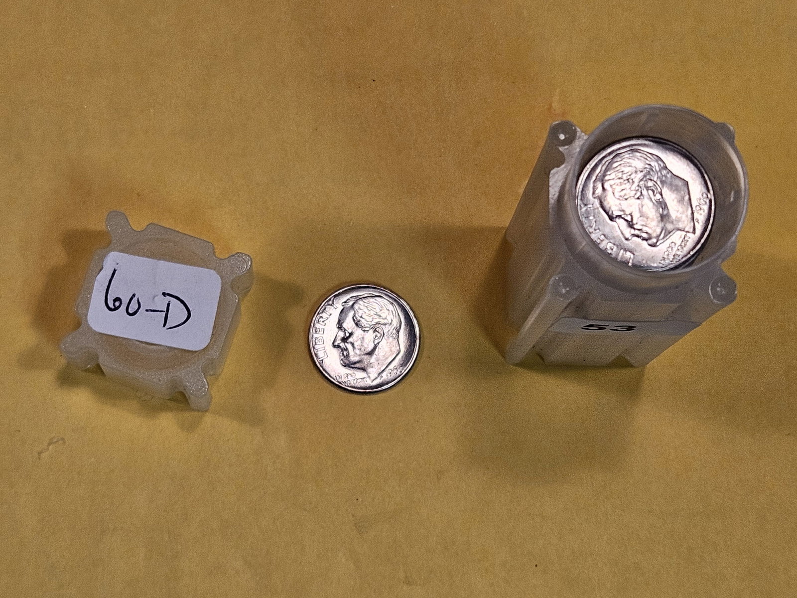 GEM Brilliant Uncirculated Original Roll of 1960-D silver Rooselvelt Dimes: From that old Collection I purchased. The dealer sold all these OBW rolls to a collector. The collector put a lot in tube. The collector has passed and the rolls got sold back to the dealer, from whom