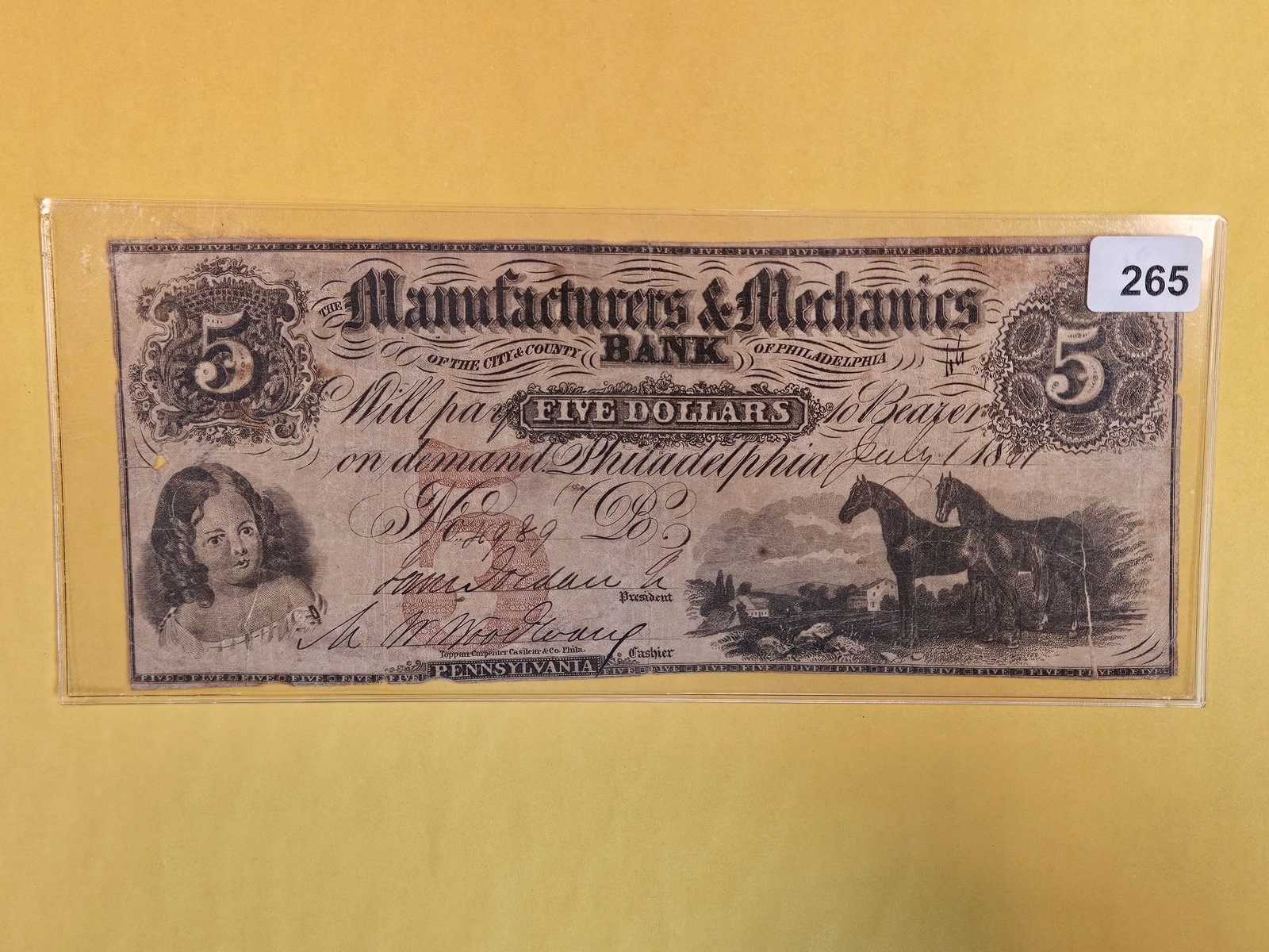 1857 Five Dollar Obsolete note in Fine Plus (1 of 4)