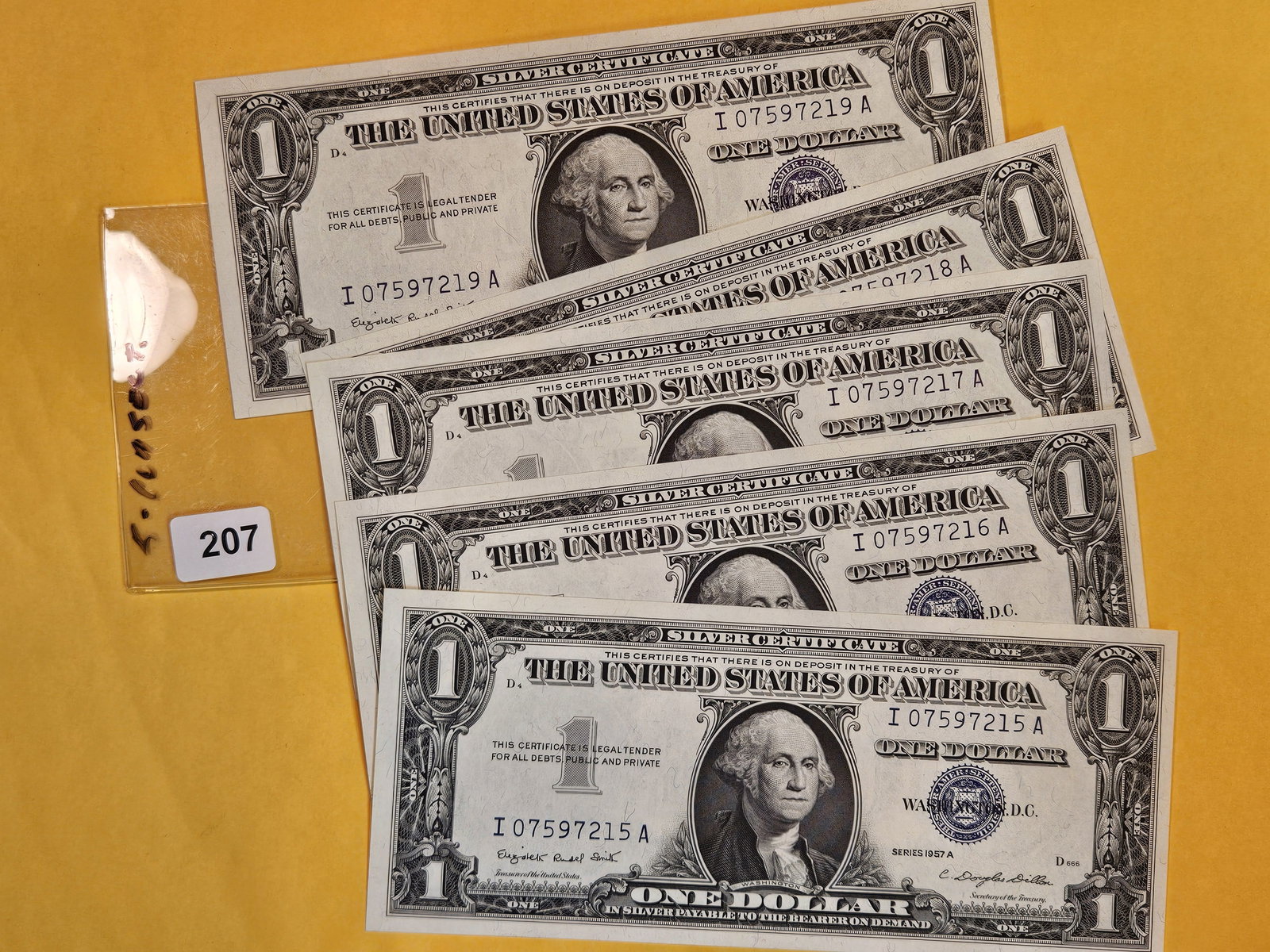 Five CONSECUTIVE 1957-A GEM Crisp Uncirculated One Dollar Silver Certificates (1 of 1)