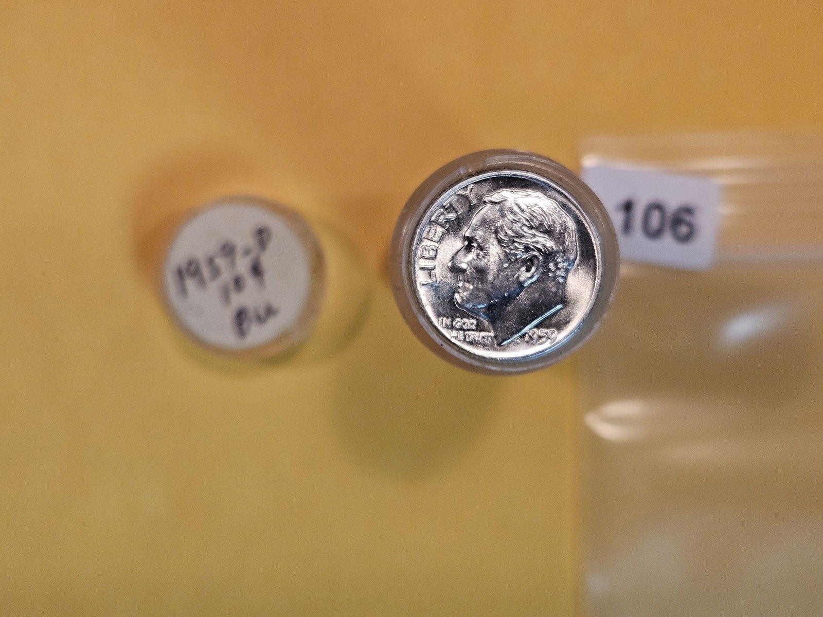 Full Roll of Silver Roosevelt Dimes: Label says 1959-D. Top couple are 1959-D. Didn't count, search or check the others