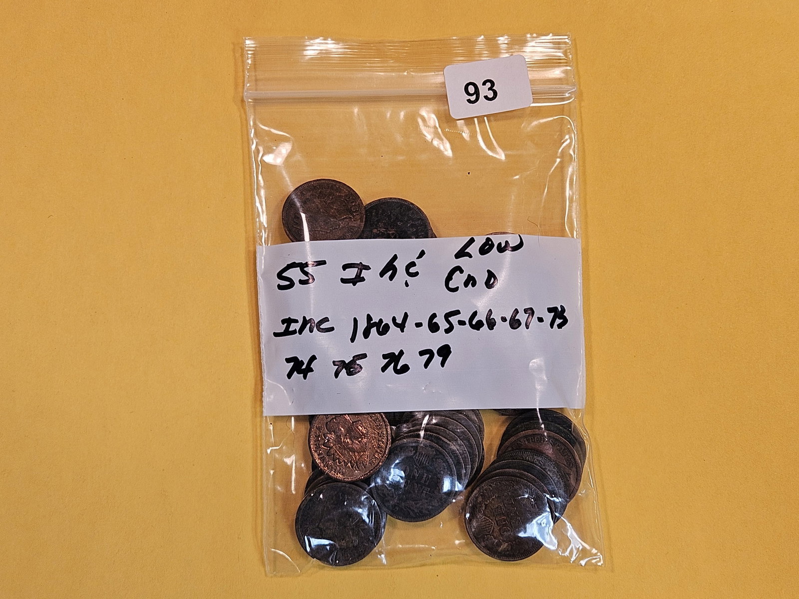 Fifty-five Indian cents: All low end. But, includes better dates, 64, 65, 66, 67, 73, 74, 75, 76, 79