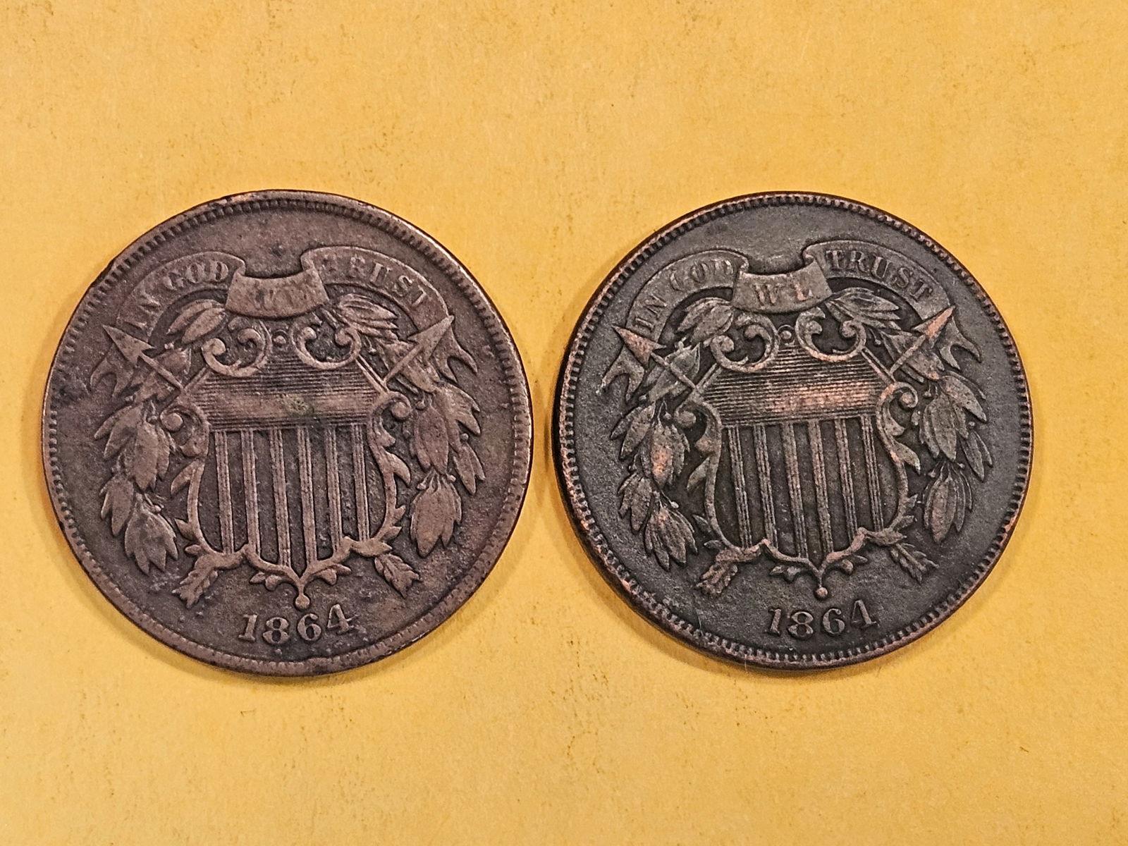 Two 1864 two-cent pieces (1 of 3)