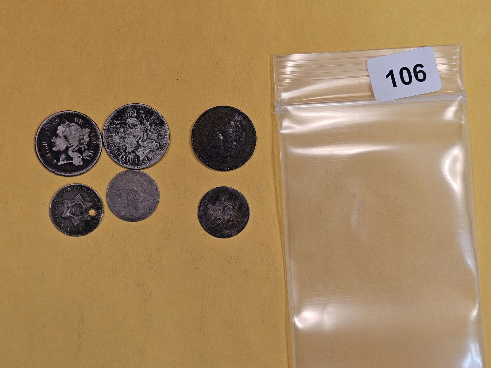 Three 3-Cent Nickels and three 3-cent Silver Trimes (1 of 3)