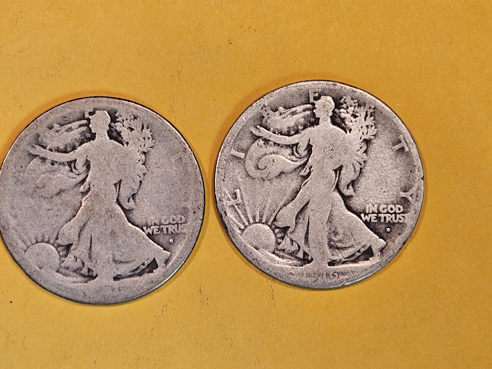 Two first year issue 1916 Walking Libert Half Dollars in About Good: 1916-D and 1916-S