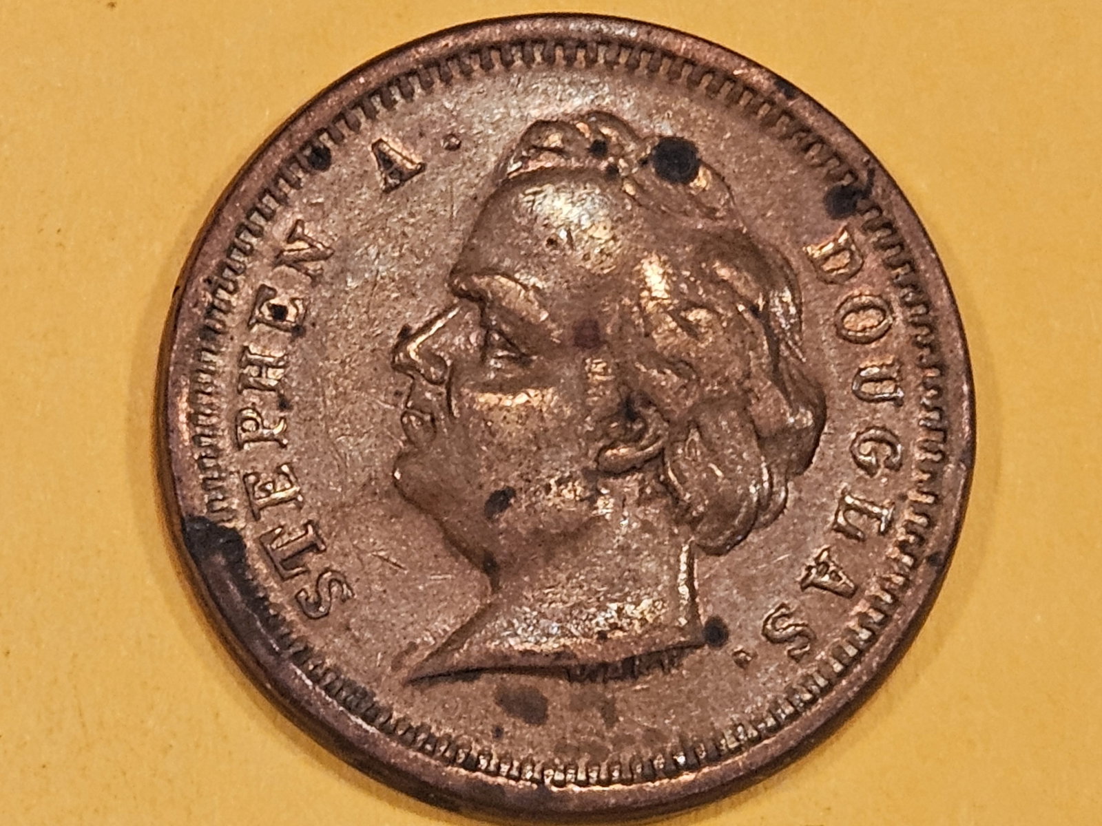 Scarce 1863 Stephen Douglas Civil War token: Looks about uncirculated. Little spotty