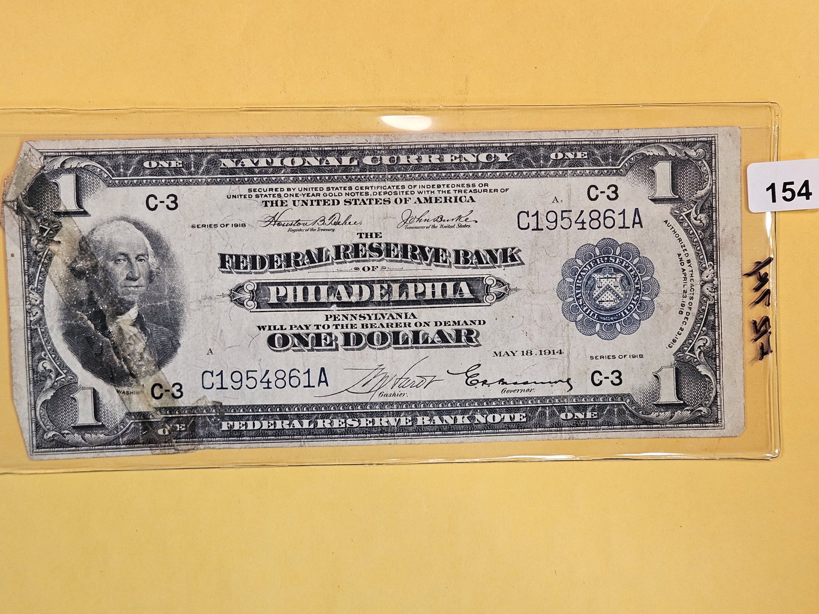 Series of 1918 One Dollar National Currency: Taped. FR 714. Philadelphia