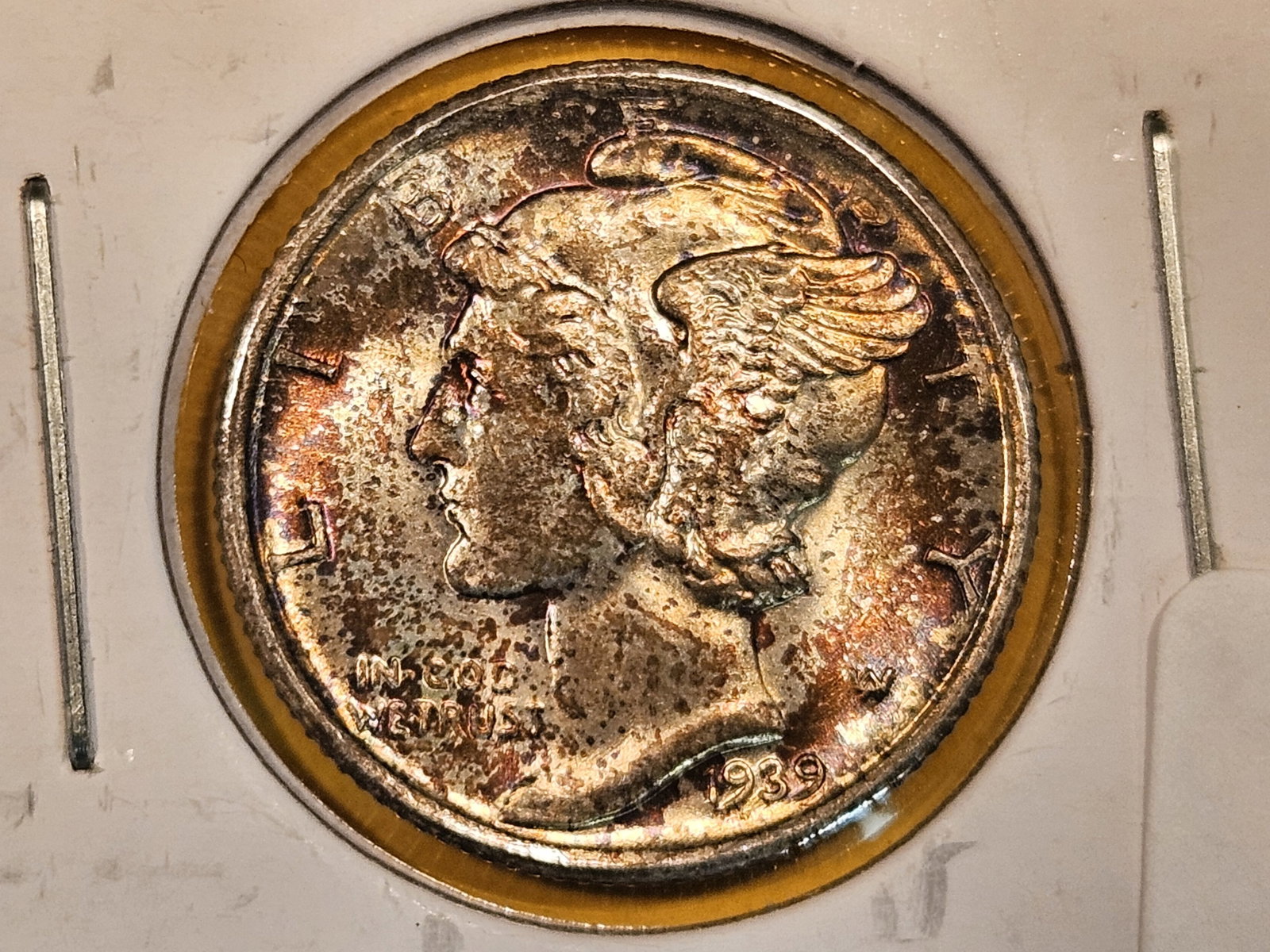 Very Choice Brilliant Uncirculated 1939-D Mercury Dime FSB: Full Split Bands. Lovely toning on the obverse