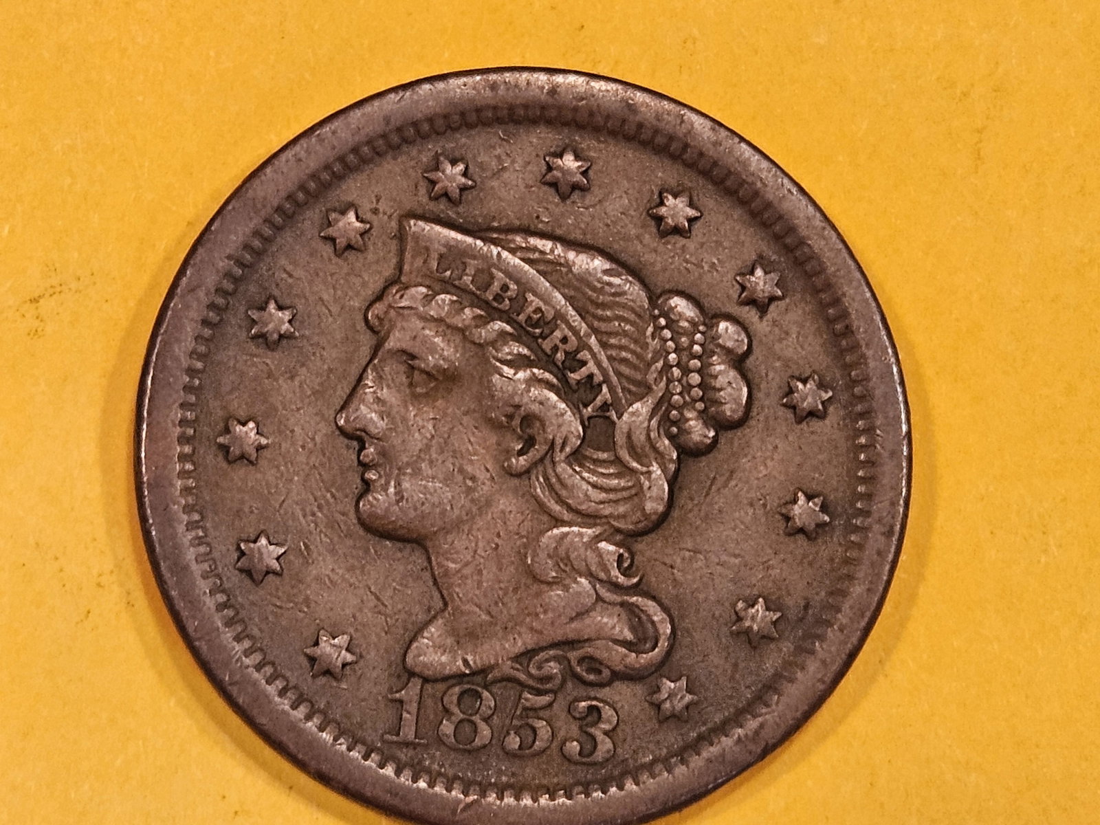 1853 Braided Hair large Cent: In Extra Fine
