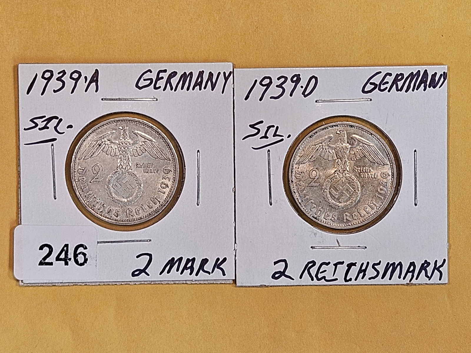 1939-A and 1939-D silver German coins (1 of 5)