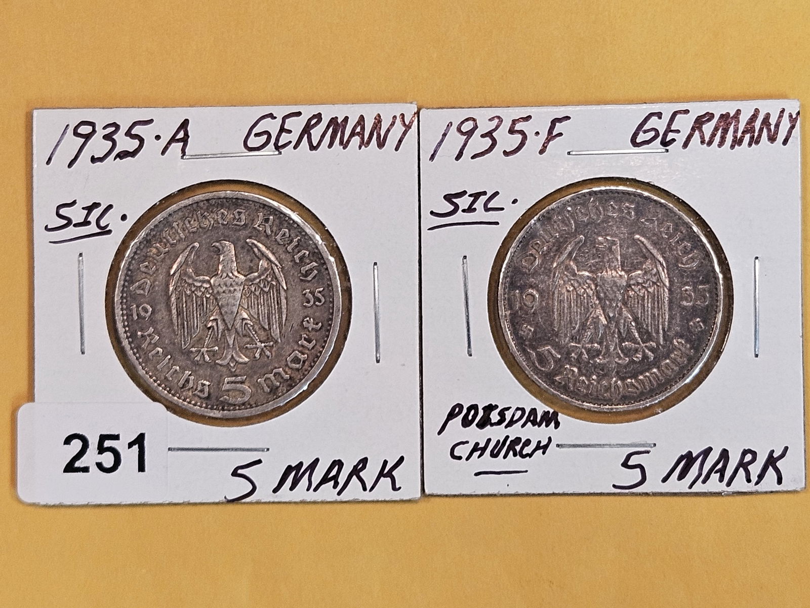 1935-A and 1935-F German silver 5 marks (1 of 2)