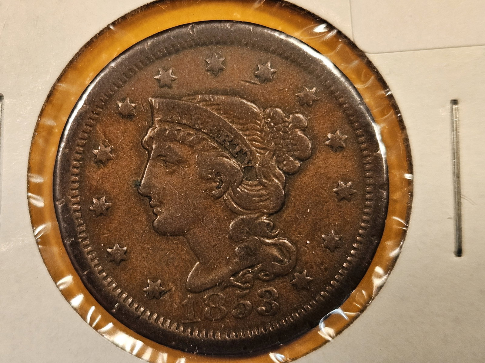 1853 Braided Hair Large Cent: Looks Very Fine. Not sure what's going on with the word "CENTS" on reverse. Probable man-made, but I'm not sure