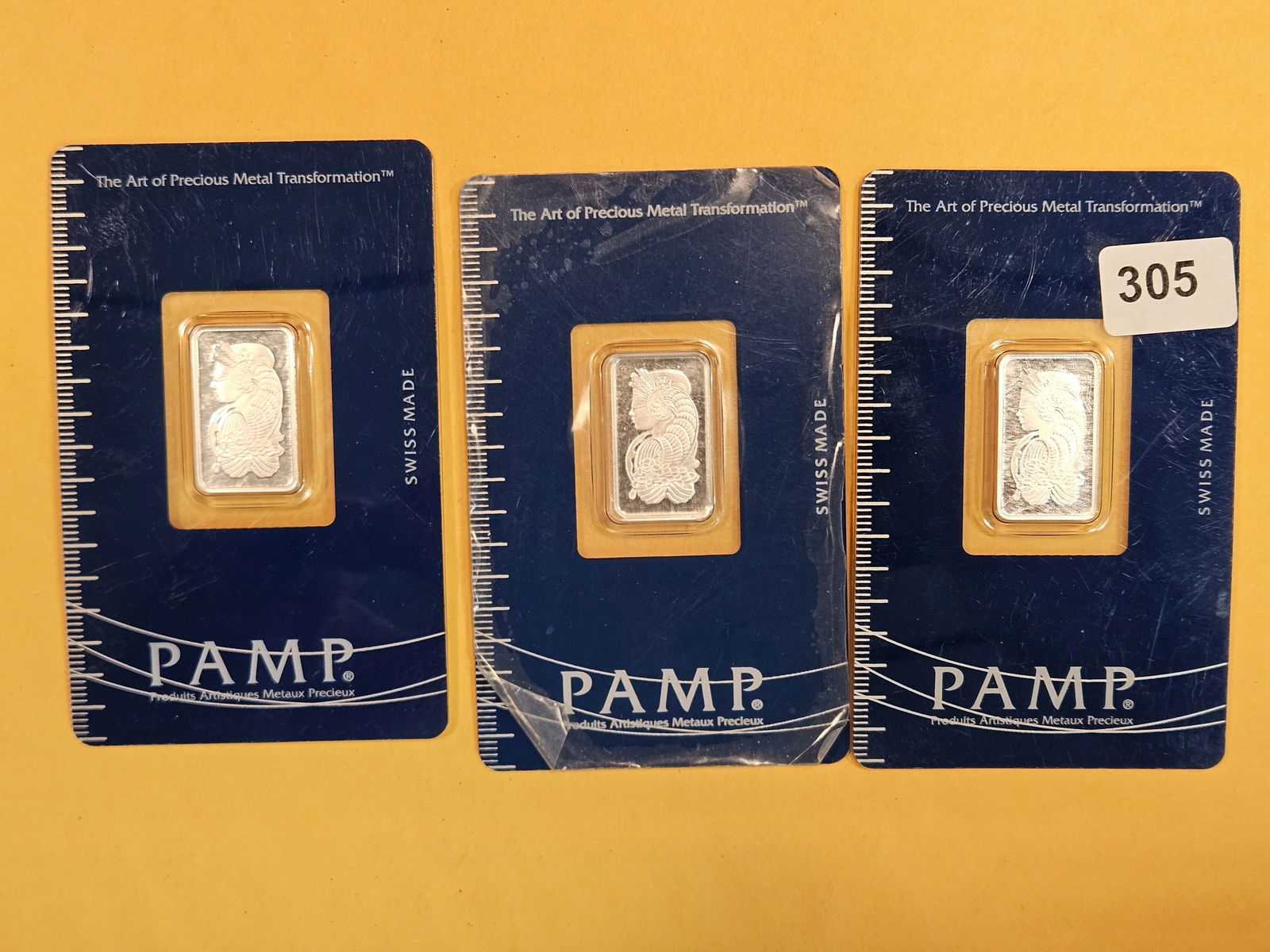 Three PAMP SUISSE Five Gram .999 fine silver art bars: In original assay certification holder