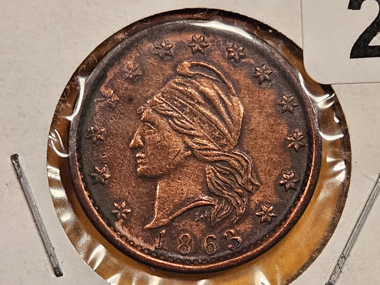 1863 Civil War Token in About Uncirculated: Army and Navy. Rotated Reverse