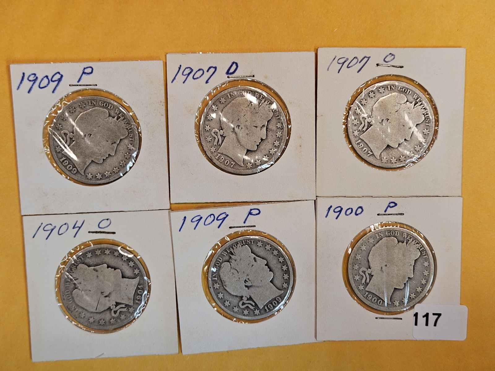 Six mixed Barber Half Dollars (1 of 2)