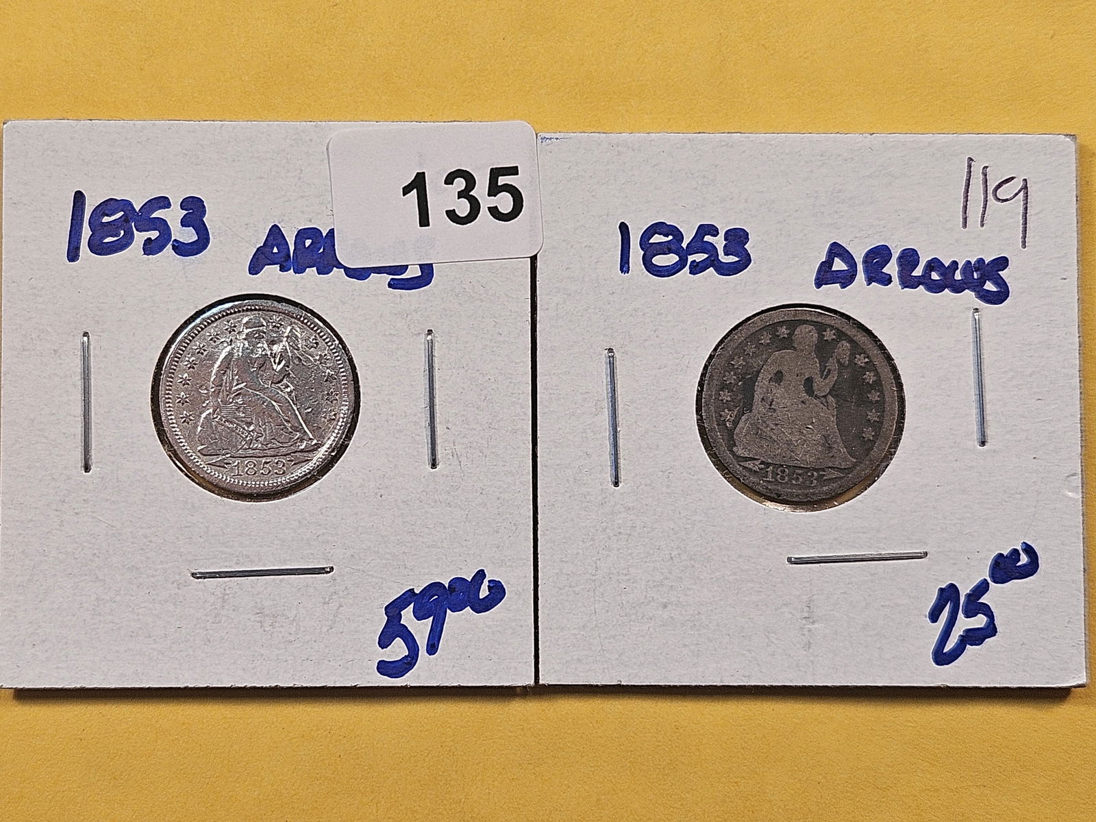 Two 1853 Silver Seated Liberty Dimes (1 of 2)