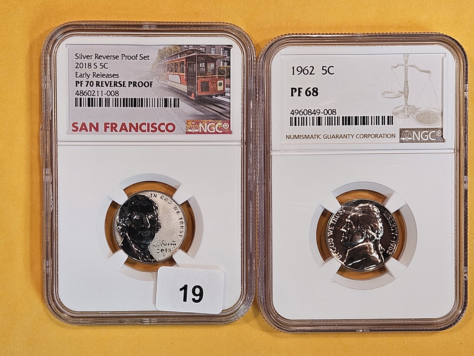 Two NGC-Graded Perfect and Near-Perfect Jefferson Nickels: 2018-S in Proof 70 and 1962 in Proof 68