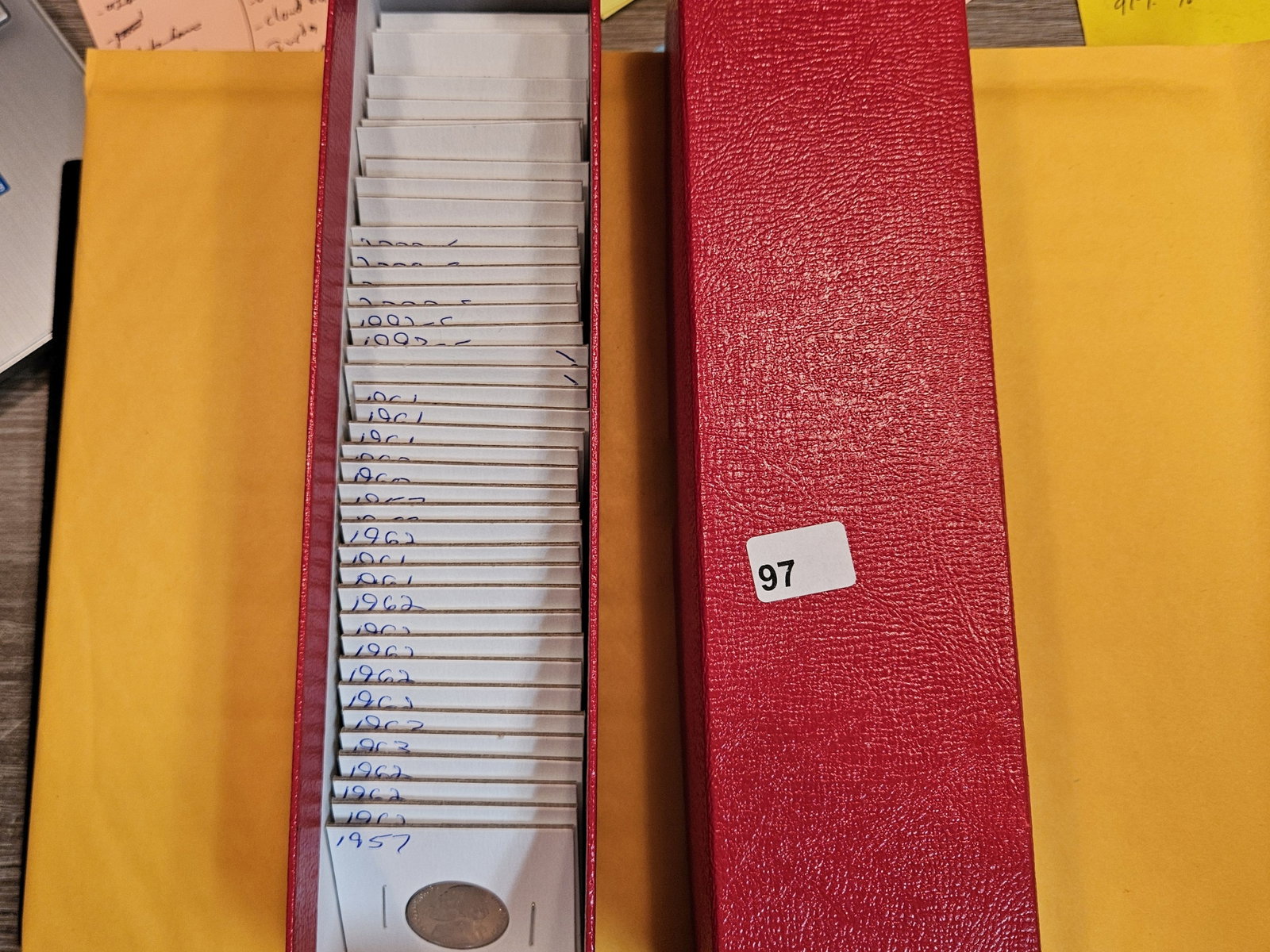 Partially-full Single-row Stock box with Proof Jefferson Nickels: 1950's through 2000's